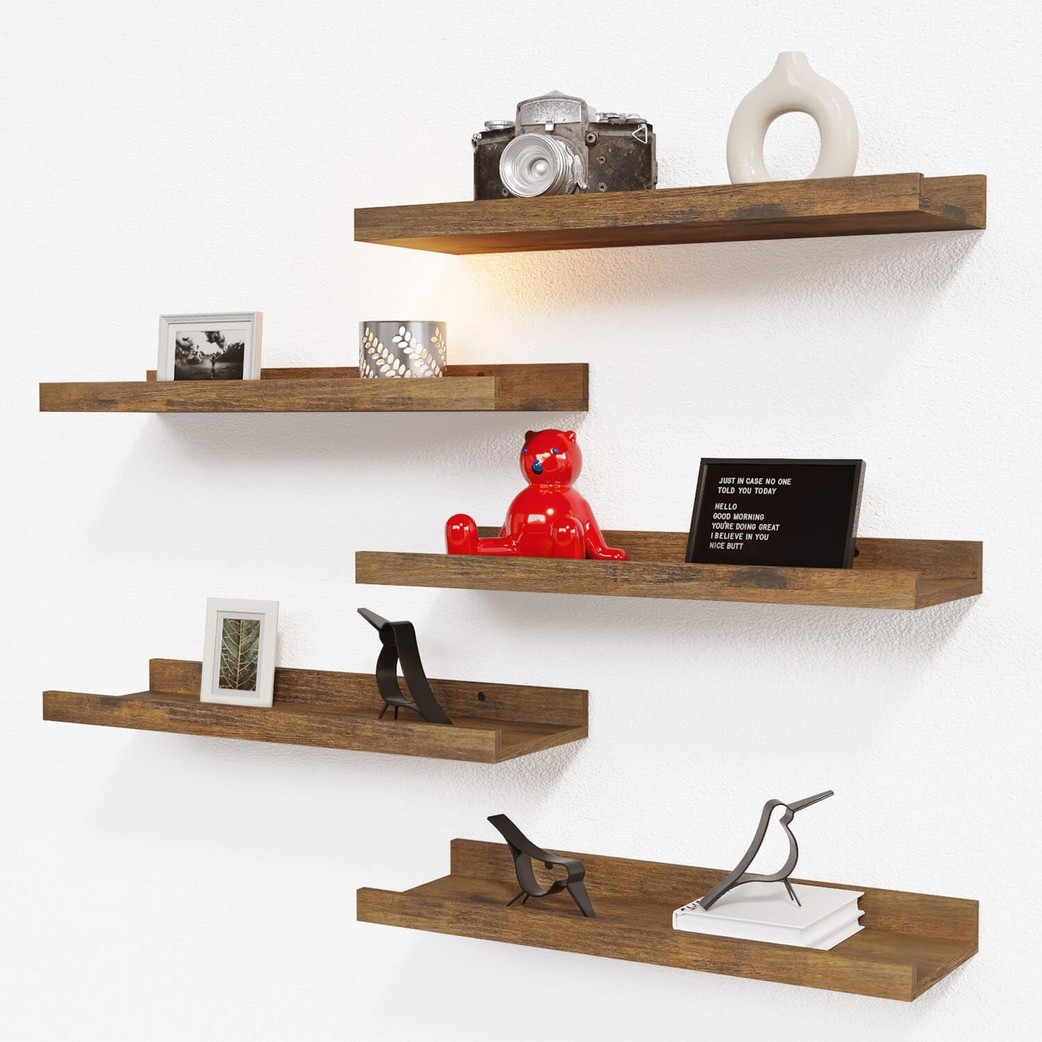RICHER HOUSE 5 Set Floating Shelves for Wall Decor, Wall Mounted Book Shelf, Nursery Shelves Picture Ledge Shelf with Lip for Wall Storage, Bedroom, Living Room, Bathroom - Brown