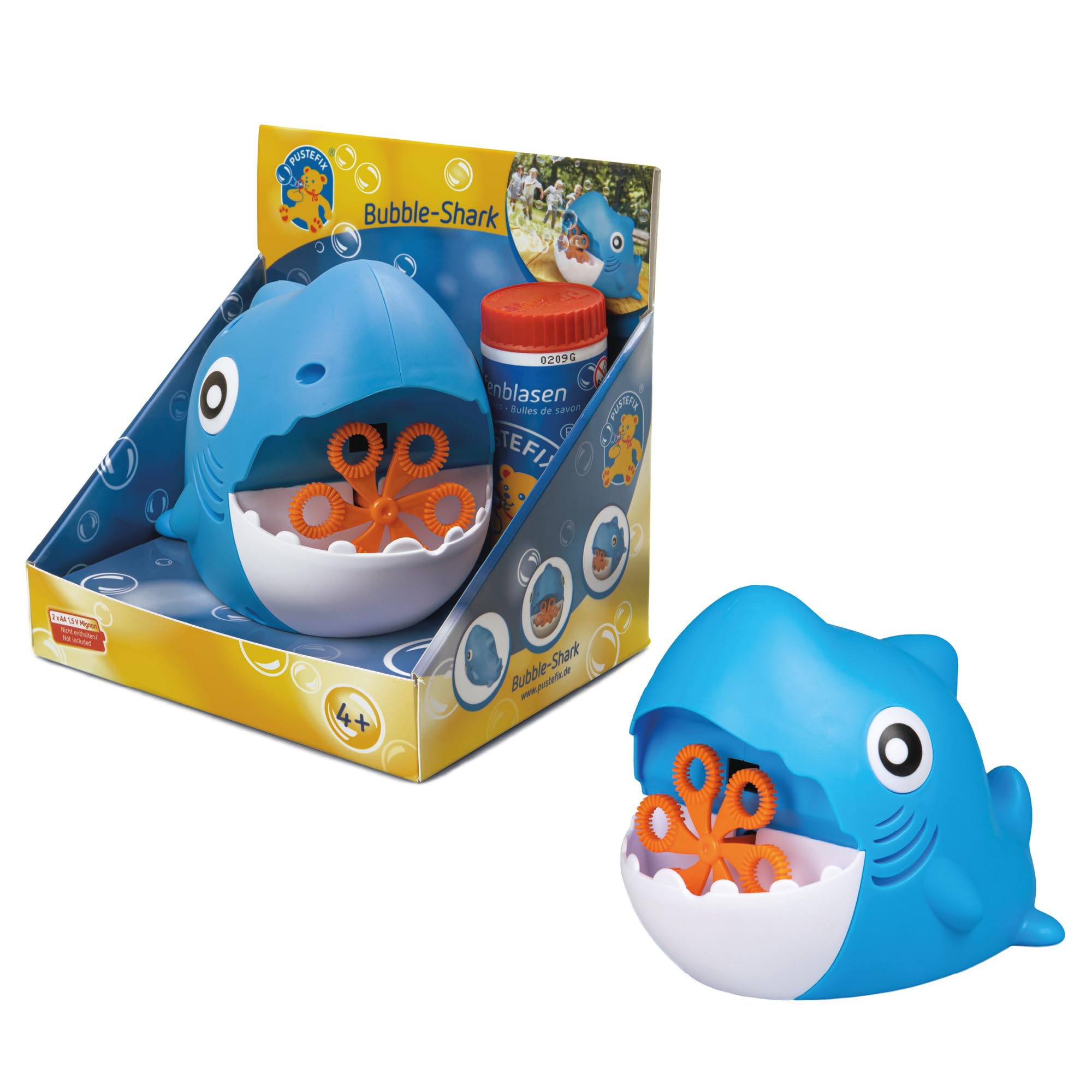 PUSTEFIX Mini Bubble Machine Shark, 70ml Bubble Solution, Colourful Bubbles, Made in Germany, Soap Bubbles Toy for Children's Birthdays, Weddings, Parties for Children and Adults