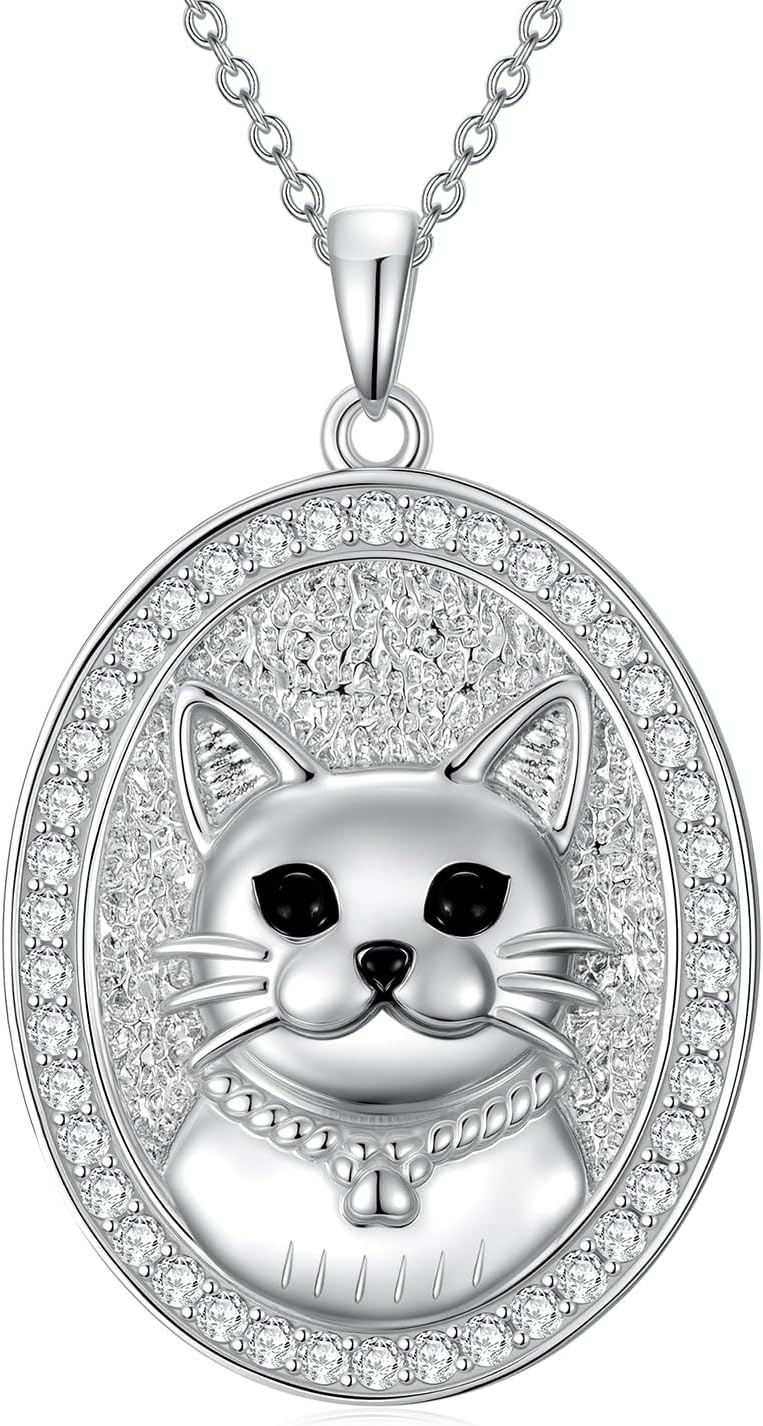 LONAGO Cat/Dog Necklaces for Women 925 Sterling Silver Pet Oval Pendant Necklace with Zircon Halo Best Friend Birthday Jewelry Gifts for Pet Lovers Mom