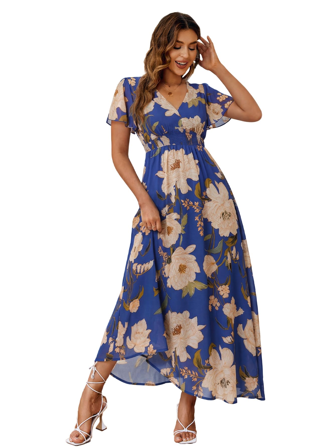 Simplee Women's Boho Floral Maxi Dress Flowy Casual V Neck Short Sleeve Wedding Guest Holiday Beach Long Dress