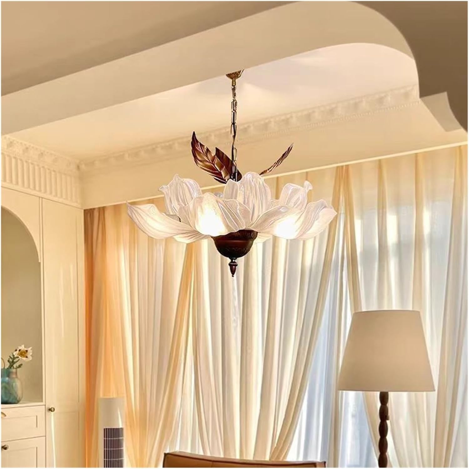 Song Style Aesthetic Bedroom Pendant Light Petal Master Bedroom Light Retro Zen Natural Study Lighting Minimalist Design(Warm Light)