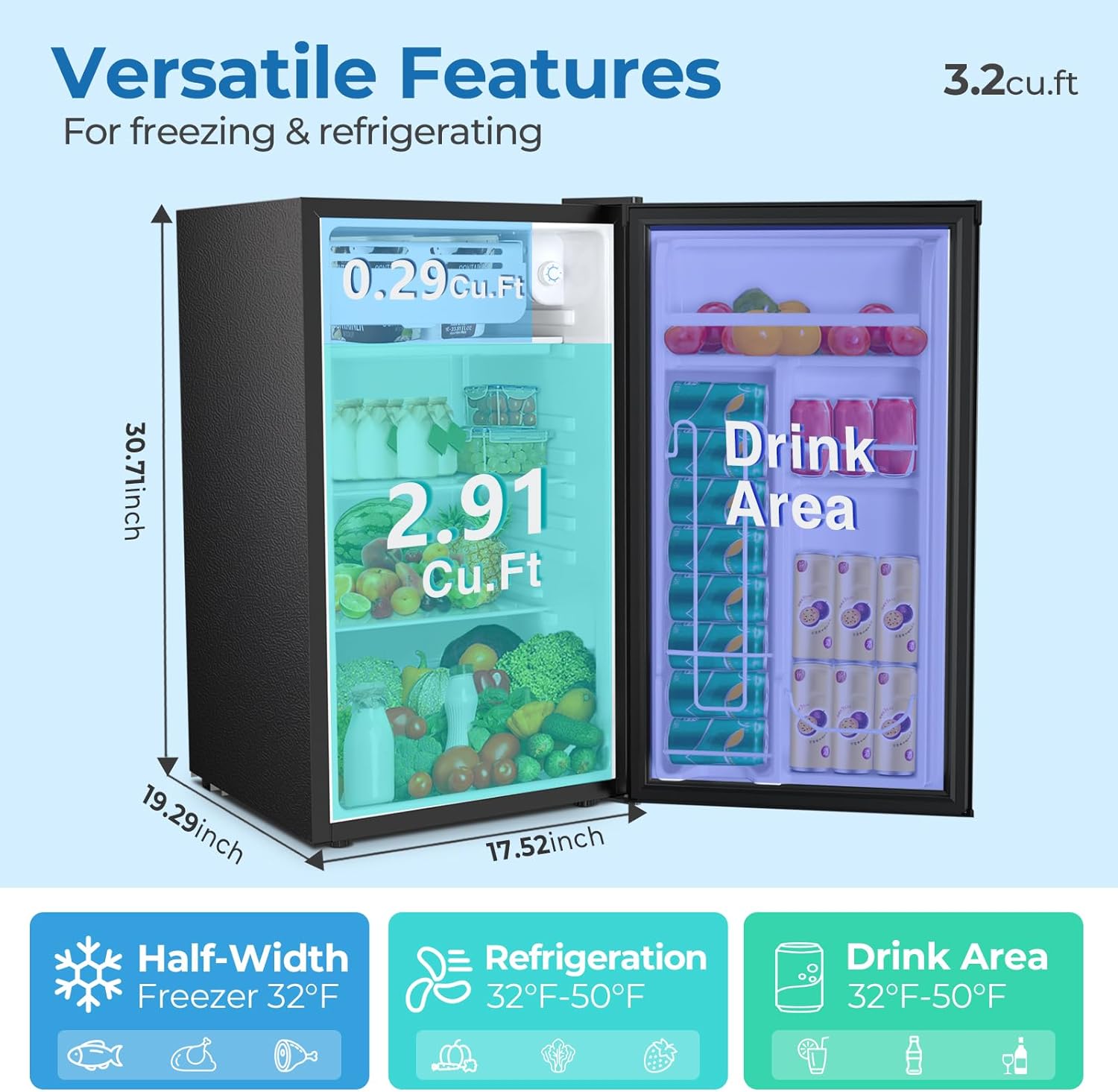 3.2 Cu.ft Mini Fridge with Freezer, Compact Refrigerator with Reversible Single Door, Adjustable Thermostat, Low Noise, Energy Efficient for Office, Dorm, Bedroom, Apartment (Black) Black 3.2 Cu.ft image 3 of 8 B0FGYXT69G