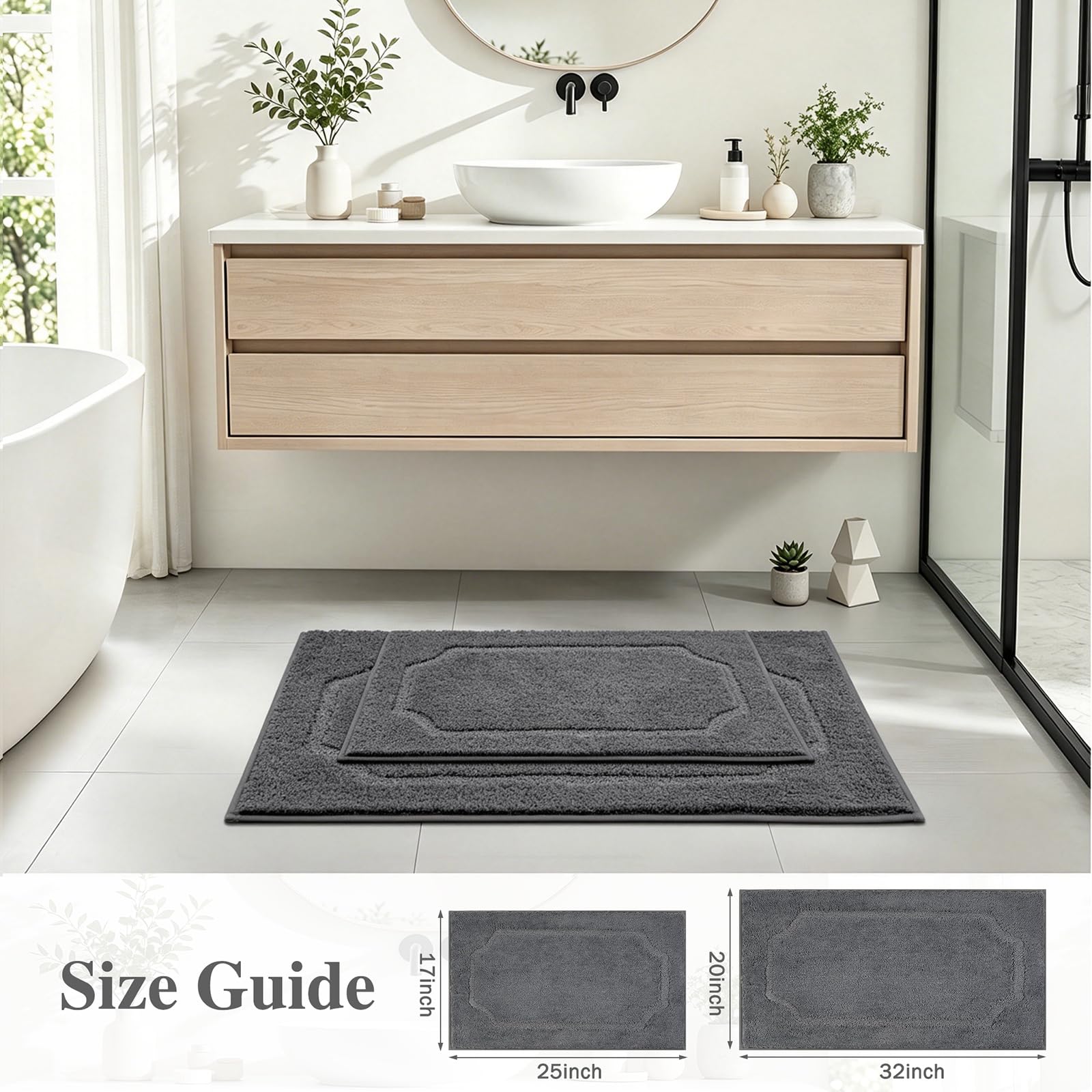 Set di 3 tappetini da bagno antiscivolo e antimuffa, lavabili