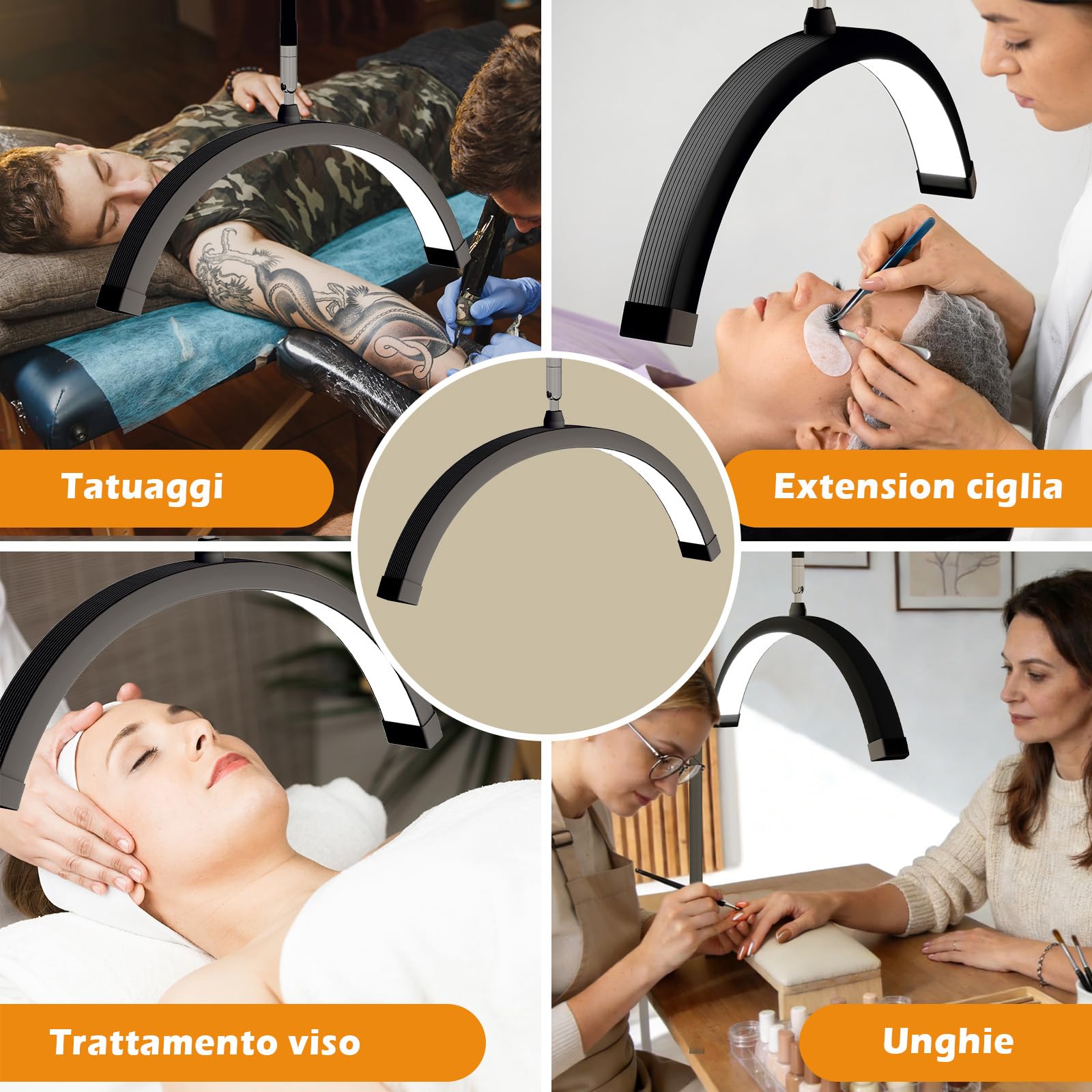 YU YUSING Lampada Estetista LED a Mezza Luna con Testa a 320 Gradi, Lampada da Terra Altezza Regolabile, 3 Modalità Colore, Lampada Smart Ciglia, Bellezza, Tatuaggi, Unghie, Vassoio rimovibile, Nero