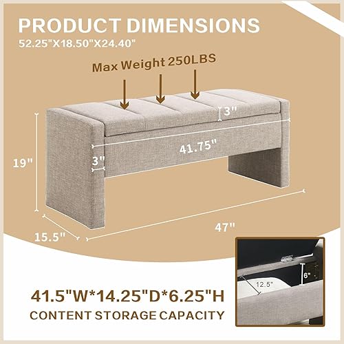 Miniatura 2 de Otomana de 47.25'' con almacenamiento, banco de almacenamiento al pie de la cama, banco de entrada - reposapiés multifuncional tapizado en lino para
