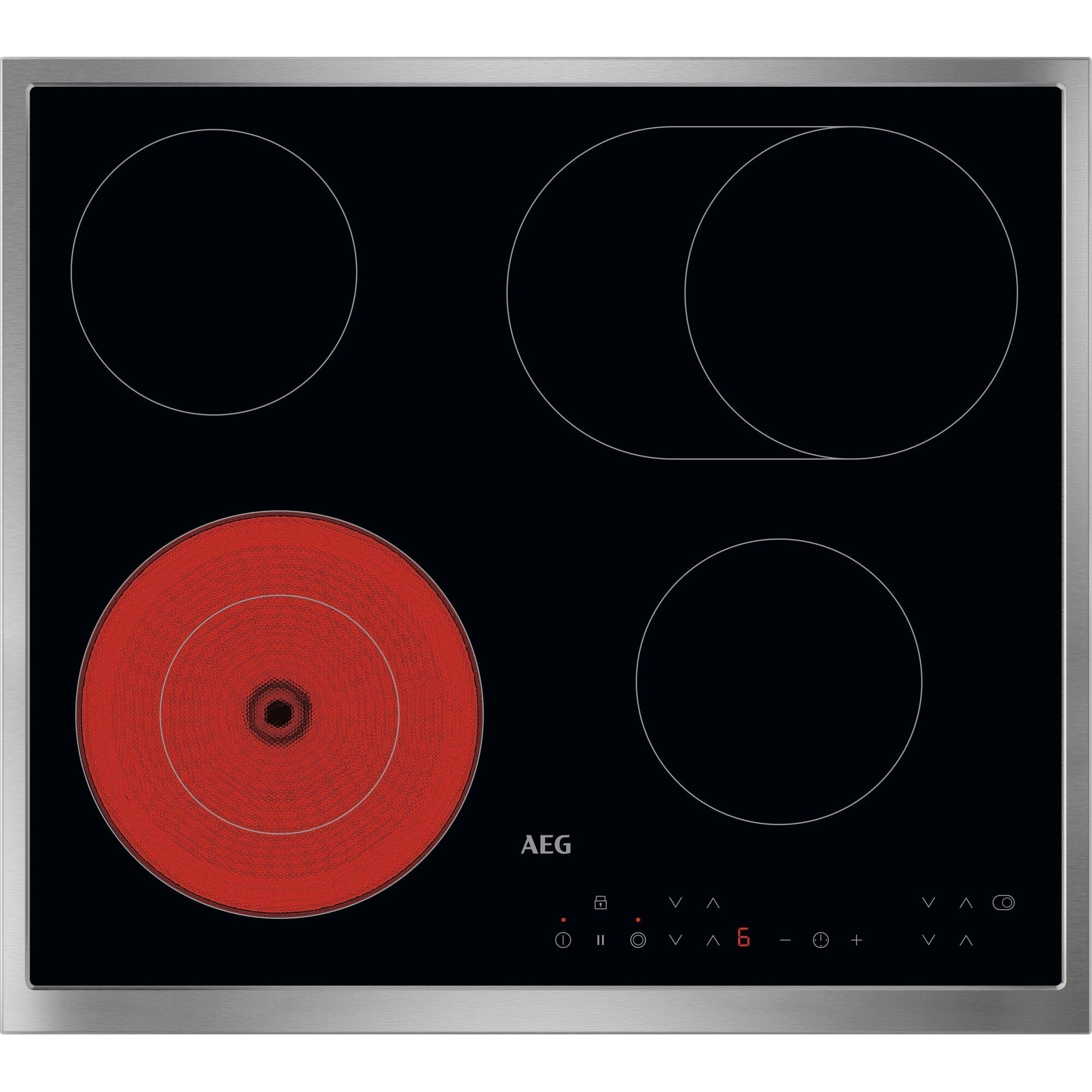 AEG Glaskeramik-Kochfeld Autark 60 cm, 4 Kochzonen, Aufliegend, Bräter- & Mehrkreiskochzone, Exakte 14 Stufen-Hitzeregulierung, UltraFlatrahmen Edelstahl, Timer, Kindersicherung, TN64RA06XB