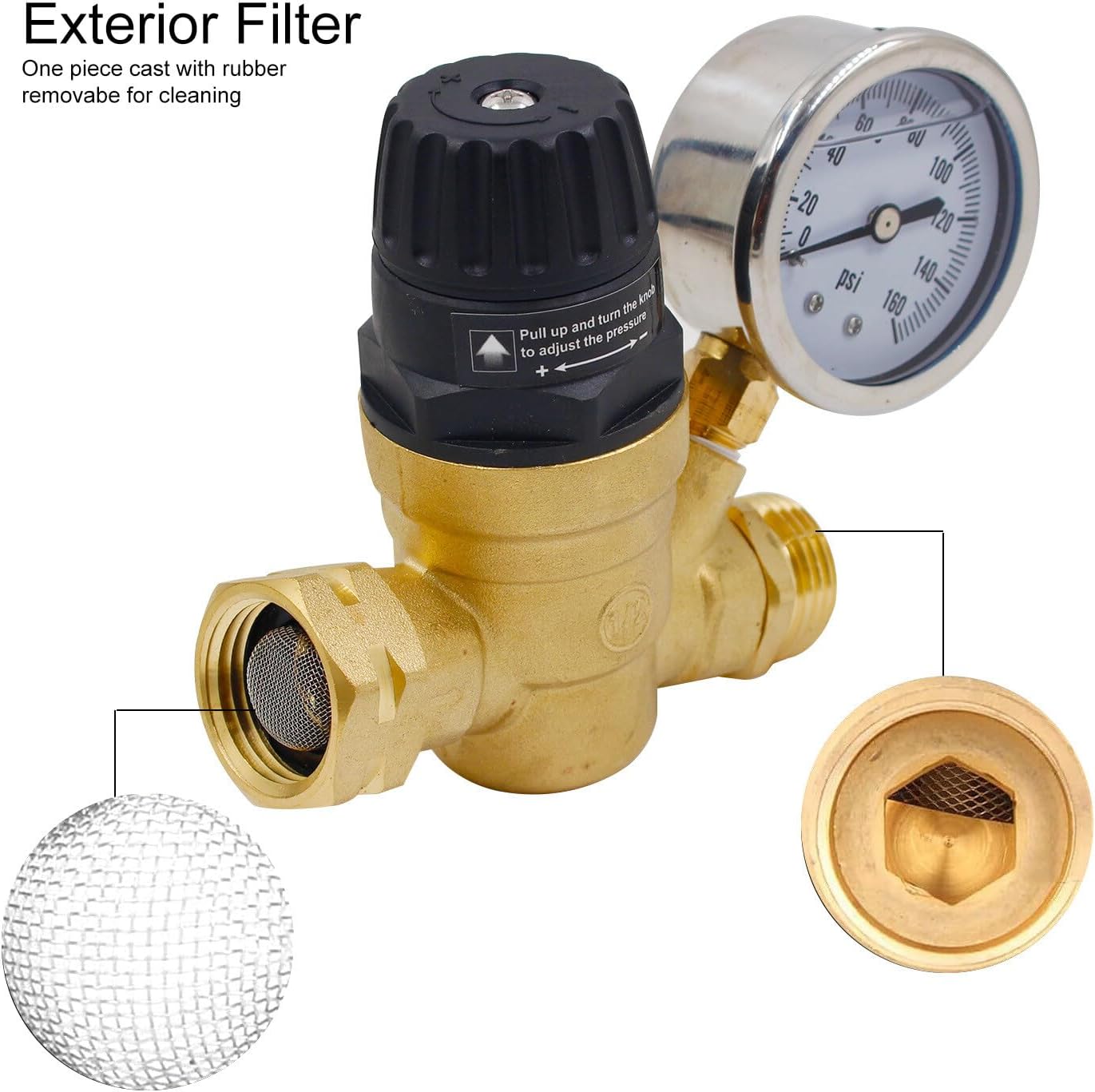 Adjustable RV Water Pressure Regulator with Gauge for Camper, Travel Trailer, Garden Hose, 0-160 PSI, Lead-Free Solid Brass for RV Camper Travel Trailer