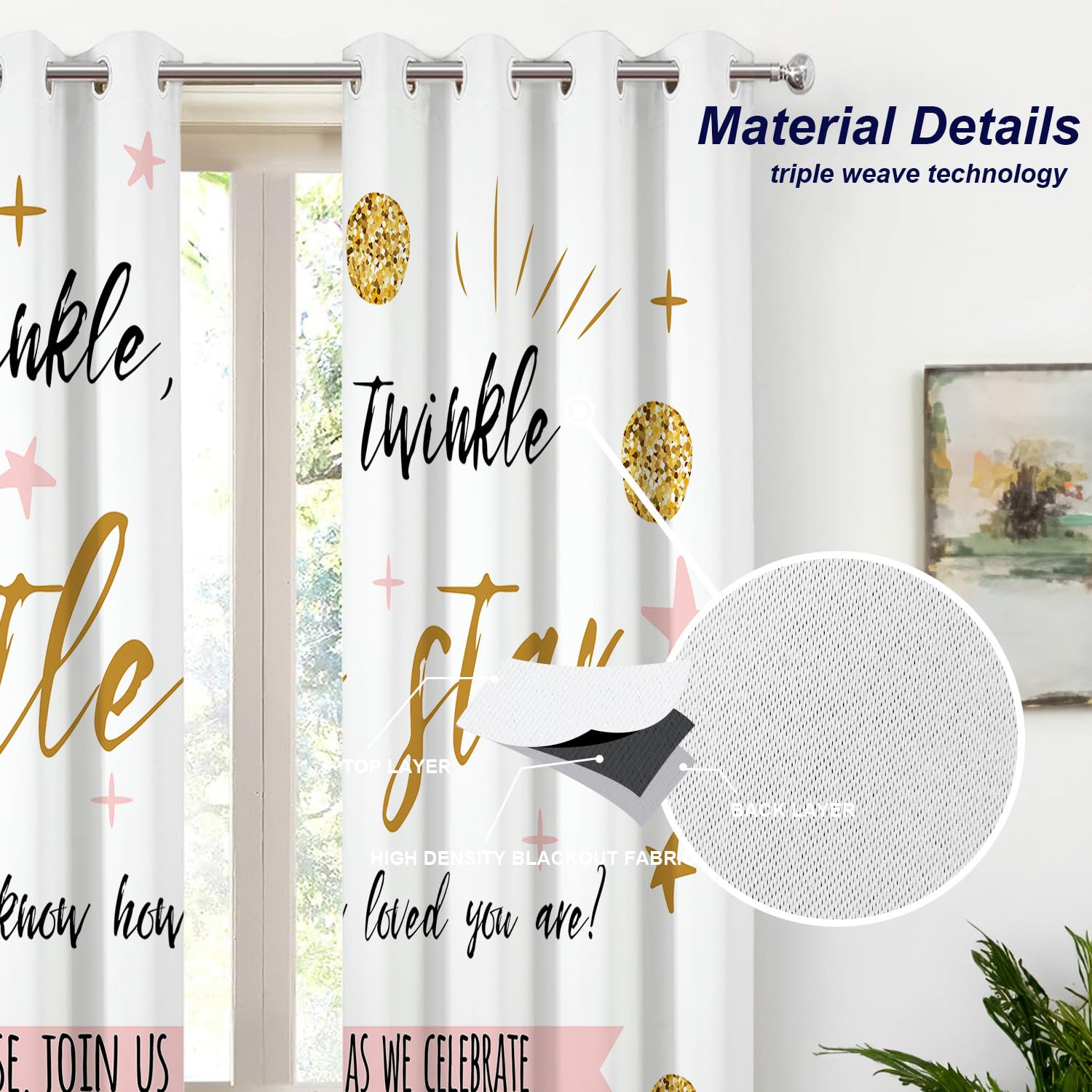 Batmerry Gift for Kids Blackout Curtains for Bedroom, Gold Pink Twinkle Twinkle Little Star Grommet Top Drapes Thermal Insulated Window Curtains, Set of 2 Panels, 52x63 inches
