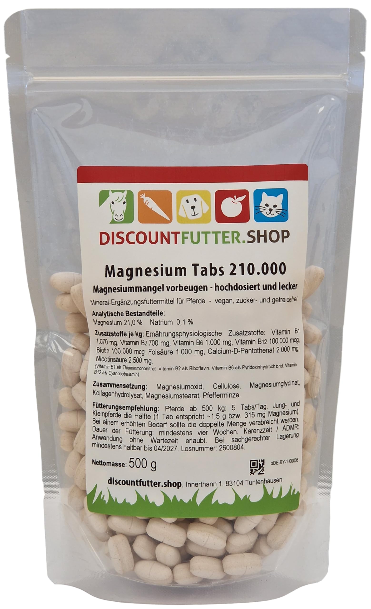 Magnesium Tabs Pferd 210.000 mg/kg + B-Vitamine | Für Nerven, Muskeln & Gelassenheit | Zuckerfrei & getreidefrei | Ergänzungsfutter Pferd | discountfutter.shop
