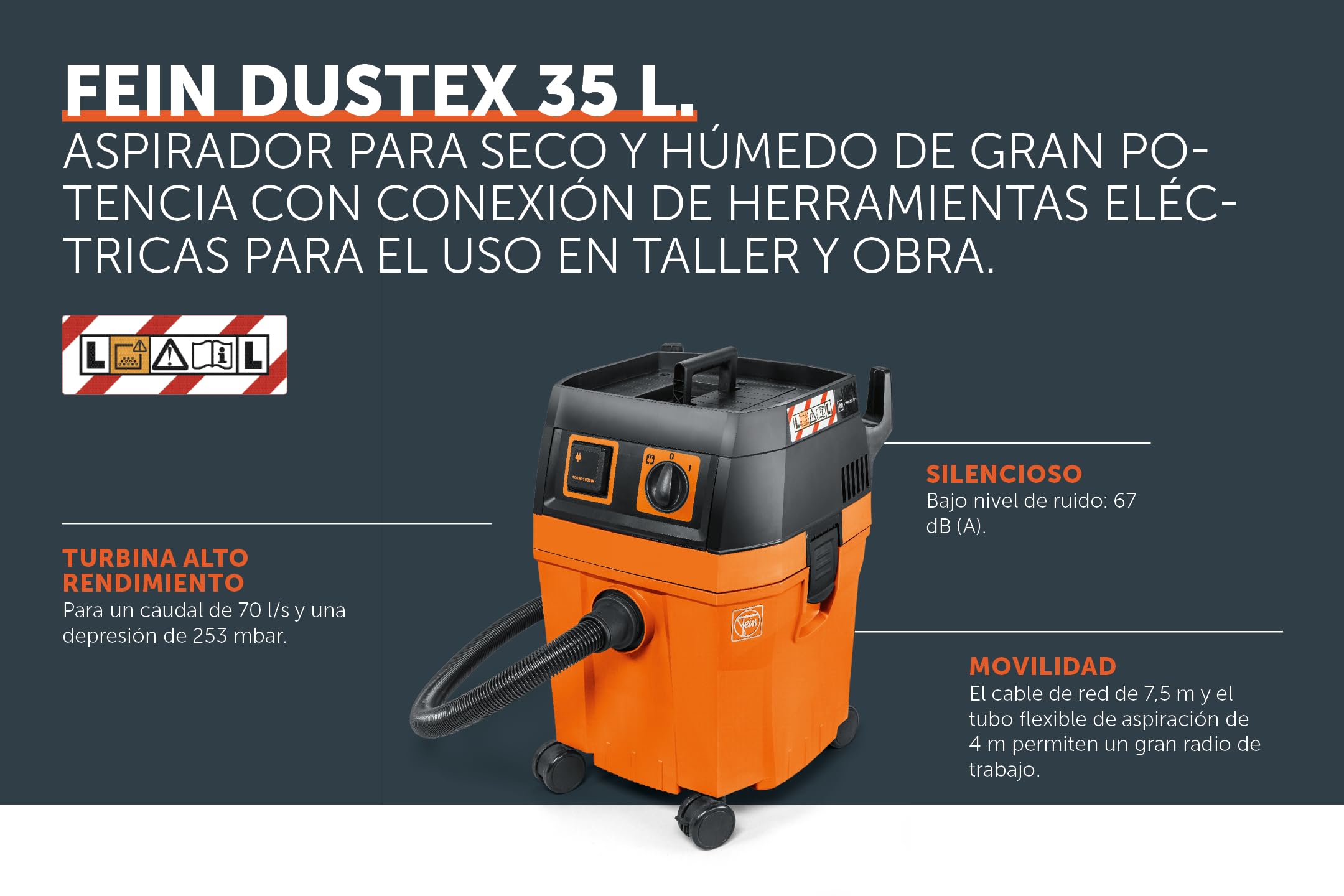 Equipo de aspiración Dustex 35 L | Conexión de herramientas eléctricas. cable de red 7,5 m y el tubo de aspiración de 4 Homologación para la clase de polvo L.