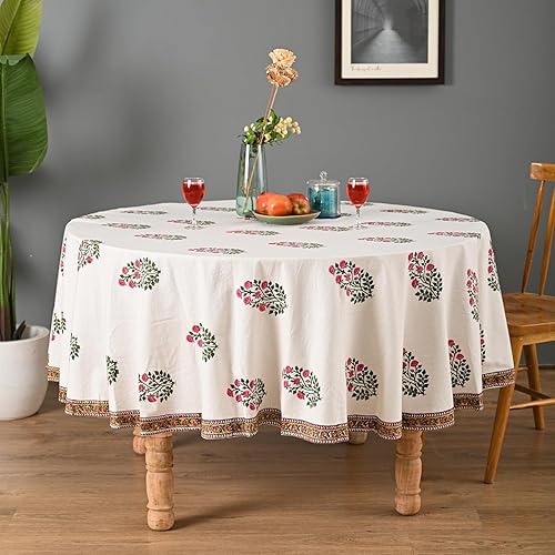 Miniatura 10 de Hand Block Printed Cotton Tablecloth – Elegant Floral Design Perfect for Dining Table Kitchen Parties Home Decor, Wall Tapestry (Peach Floral, 6