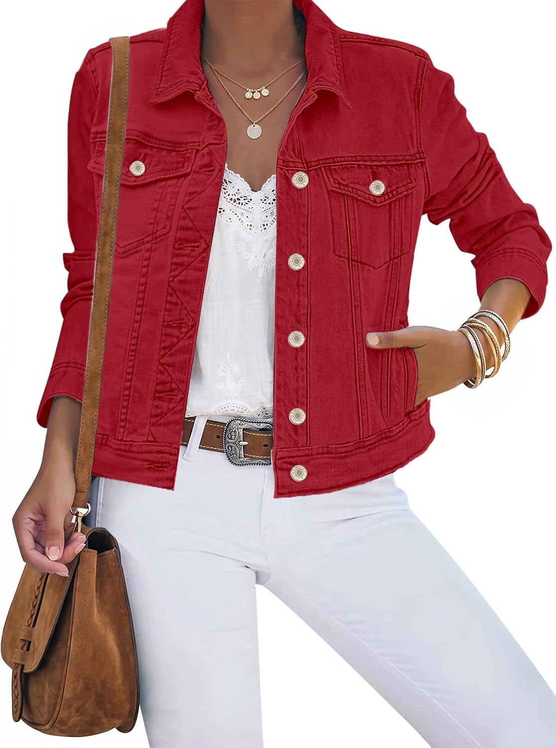 luvamia Women's Basic Button Down Stretch Fitted Long Sleeves Denim Jean Jacket