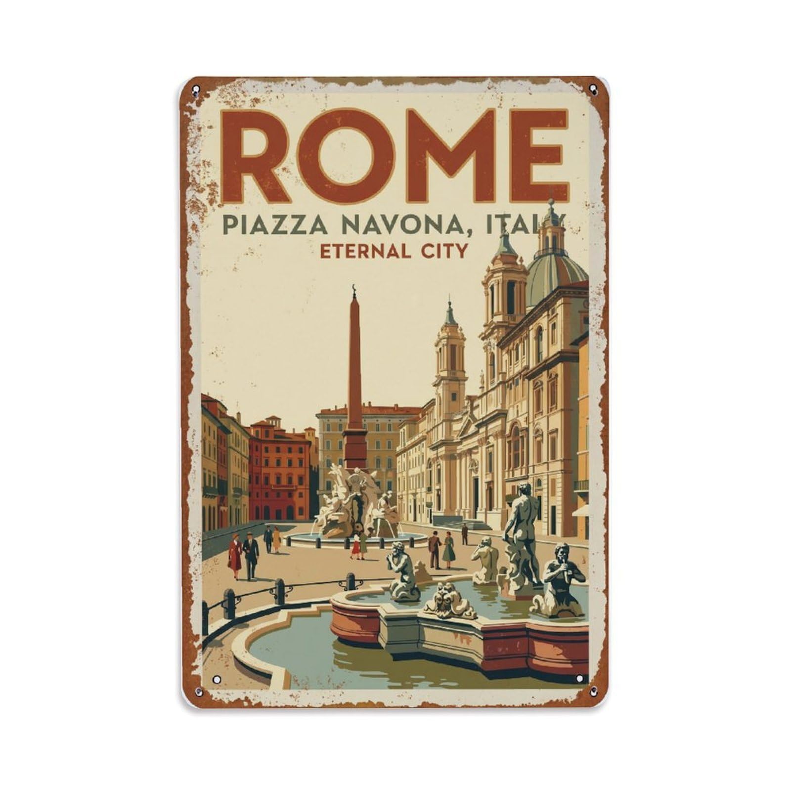 Vintage Travel Rome Piazza Navona Baroque Square Rusted Italy Metal Tin Sign Plaque Wall Decor for Cafe, Club Bar, Office, Home Garden Metal Poster 8x12Inch