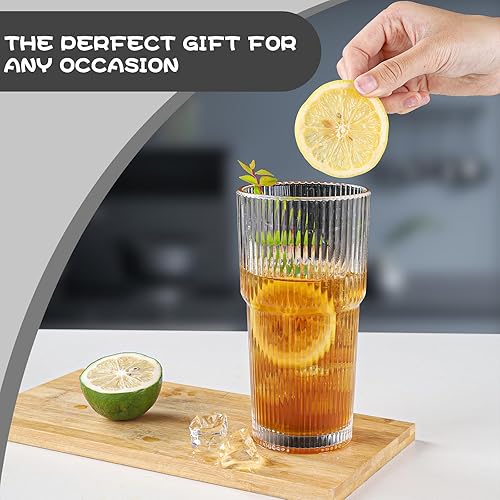 Miniatura 7 de Juego de 6 vasos de cristal acanalado de gran tamaño, vaso de vidrio transparente vintage de 20 onzas, gran capacidad, estilo origami, diseño