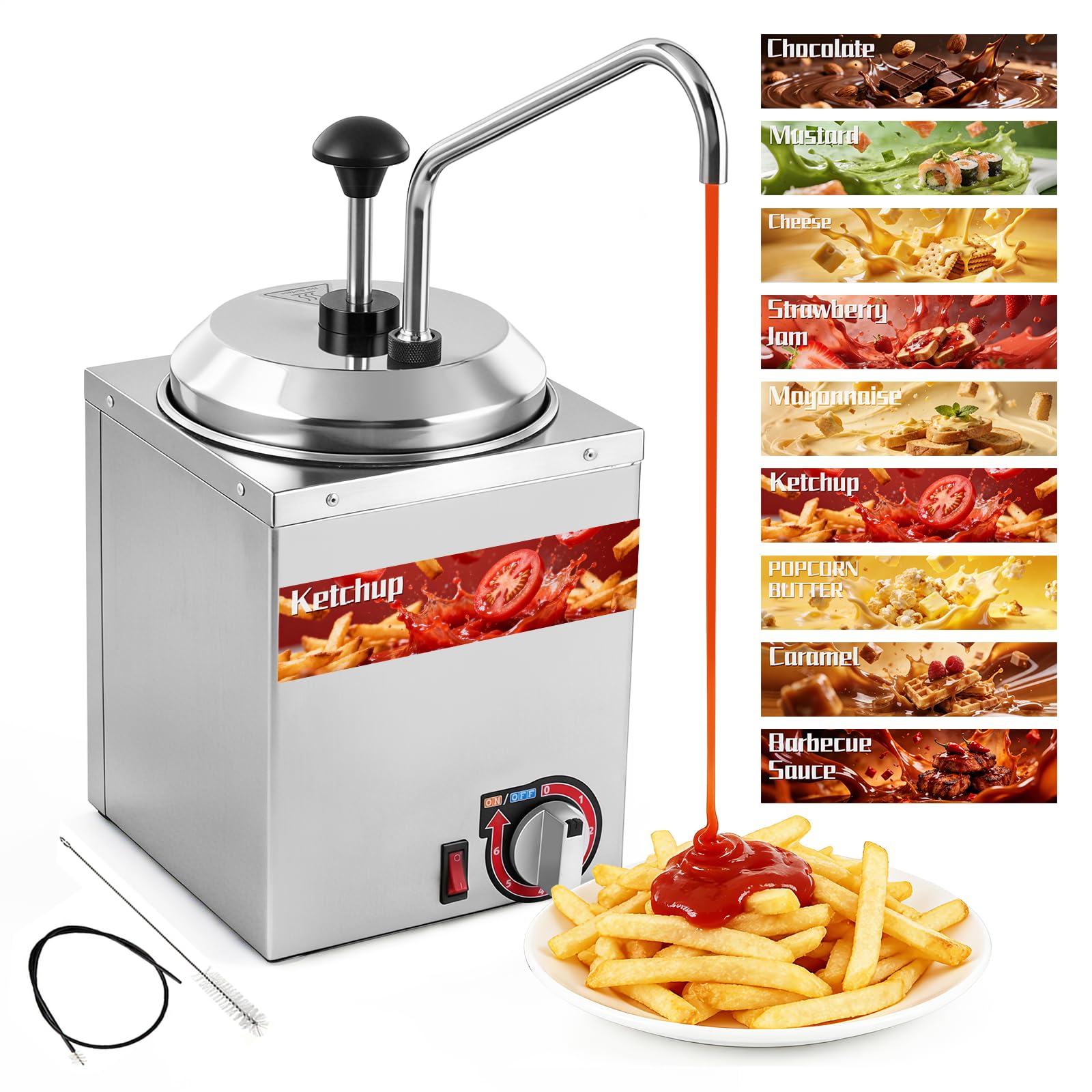 YJINGRUI Elektrischer Saucenspender, 2.5L/600W, 304 Edelstahl, 6 Temperaturstufen (30-85°C), 2 Bürsten, Commercial saucenwärmer mit spender für Ketchup, heiße Schokolade, Karamell