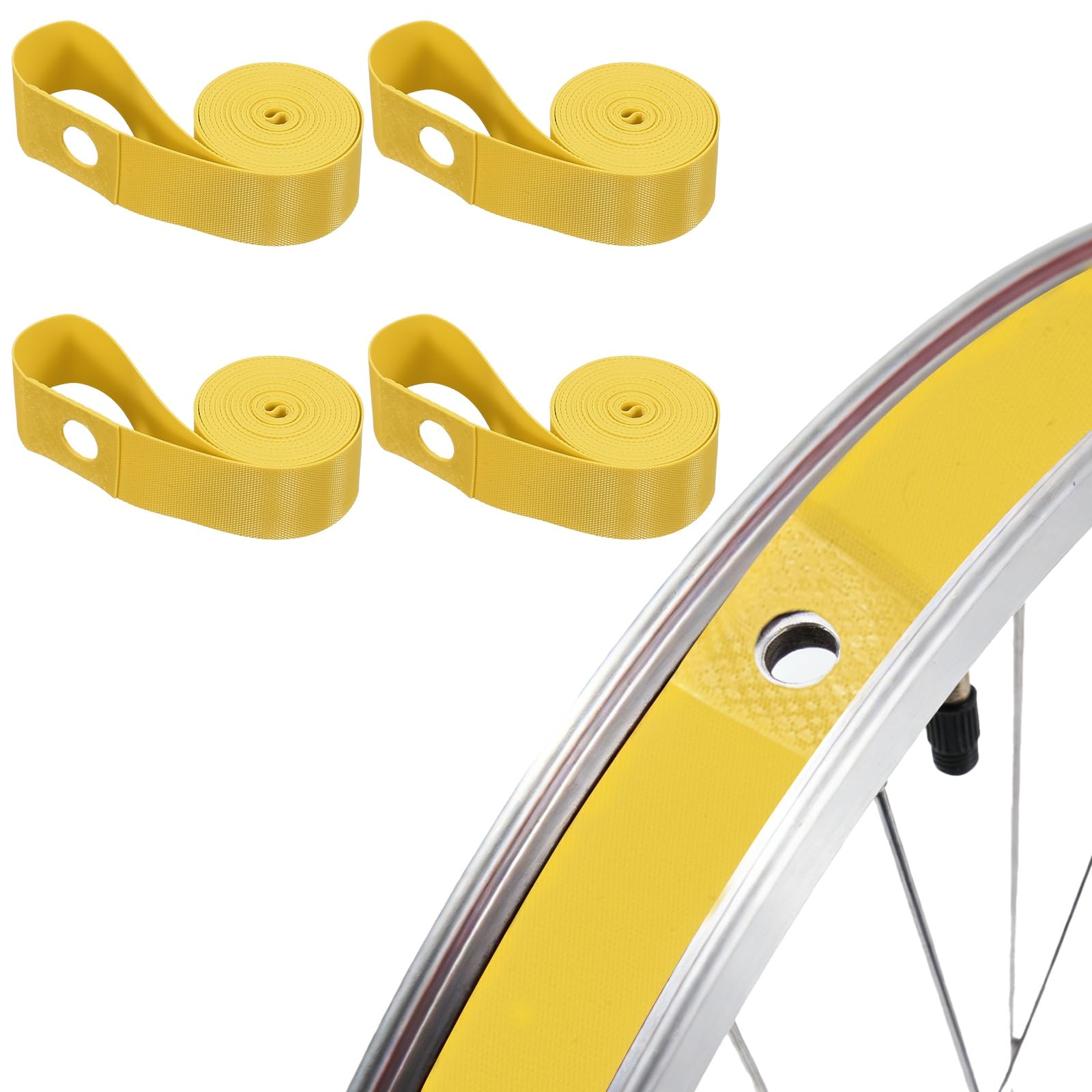 YELARXI Bike Rim Strips, Fits 27.5" Bicycle Rim Liner Strips Air Leak Resistant PVC Tape Inner Tube Cushion Puncture. 4Pcs & 32 Inchx18mm & Yellow Fit for (Mountain/Road/City Bikes)