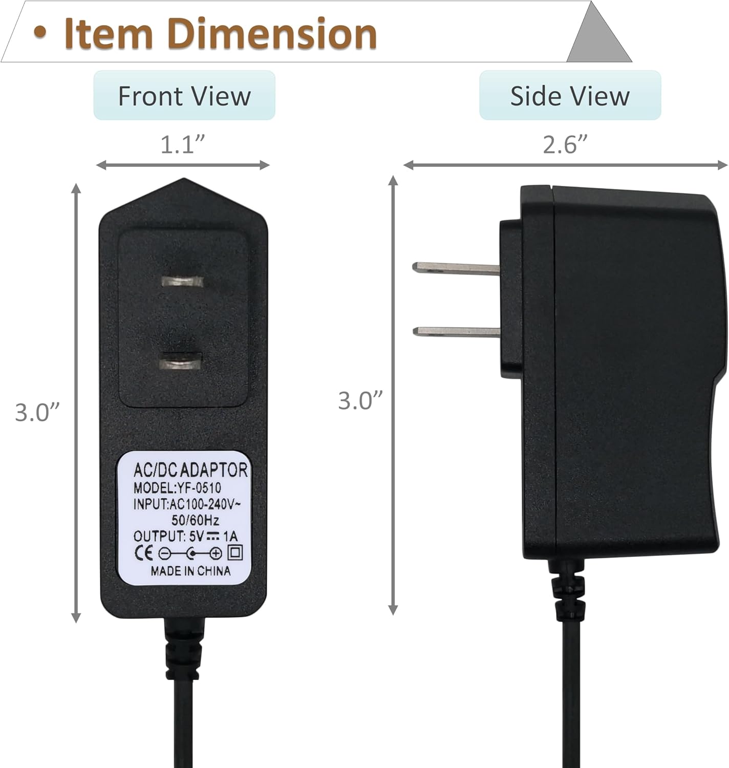 Image showing front and side views of the power adapter with dimensions: Front View 3.0 inches H x 1.1 inches W, Side View 3.0 inches H x 2.6 inches D.