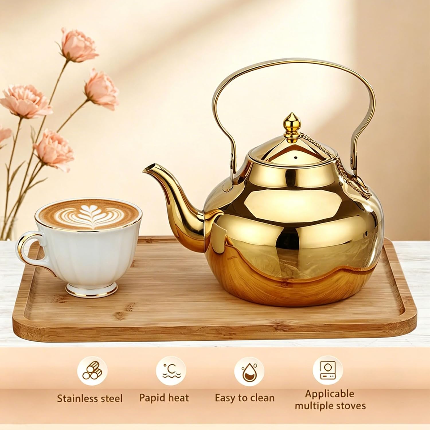 2.0L Gold Stainless Steel gold tea kettle with Removable Fine Mesh Filter, Large Capacity 2 Liter Hot Water Kettle with Handle, Stovetop Safe for Coffee Brewing and Loose Leaf Tea