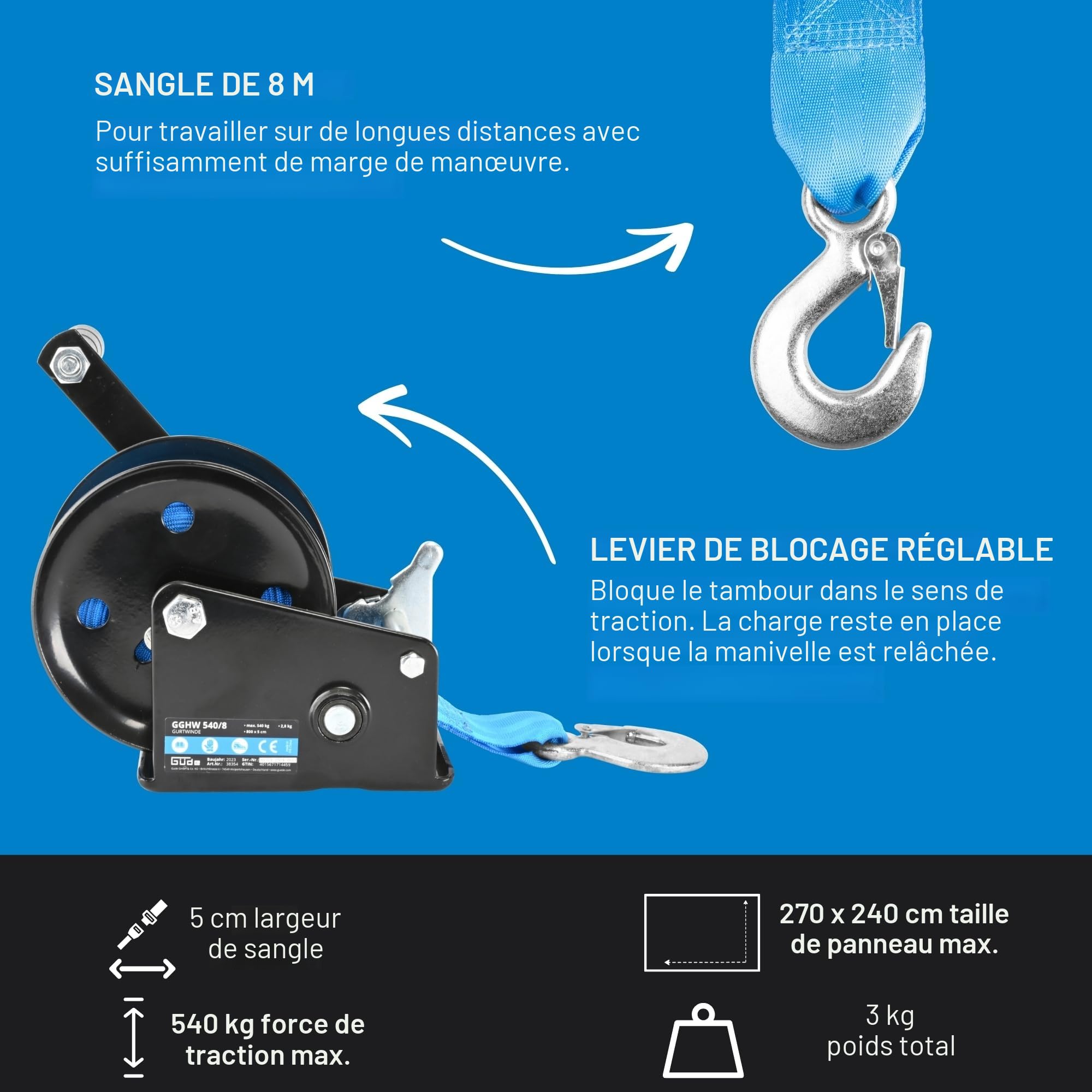 Güde Treuil de sangle GGHW 540/8 (force de traction maximale 540 kg, longueur de sangle 8 m, largeur de sangle 5 cm, crochet de charge avec ouverture goutte, levier de verrouillage, manivelle avec