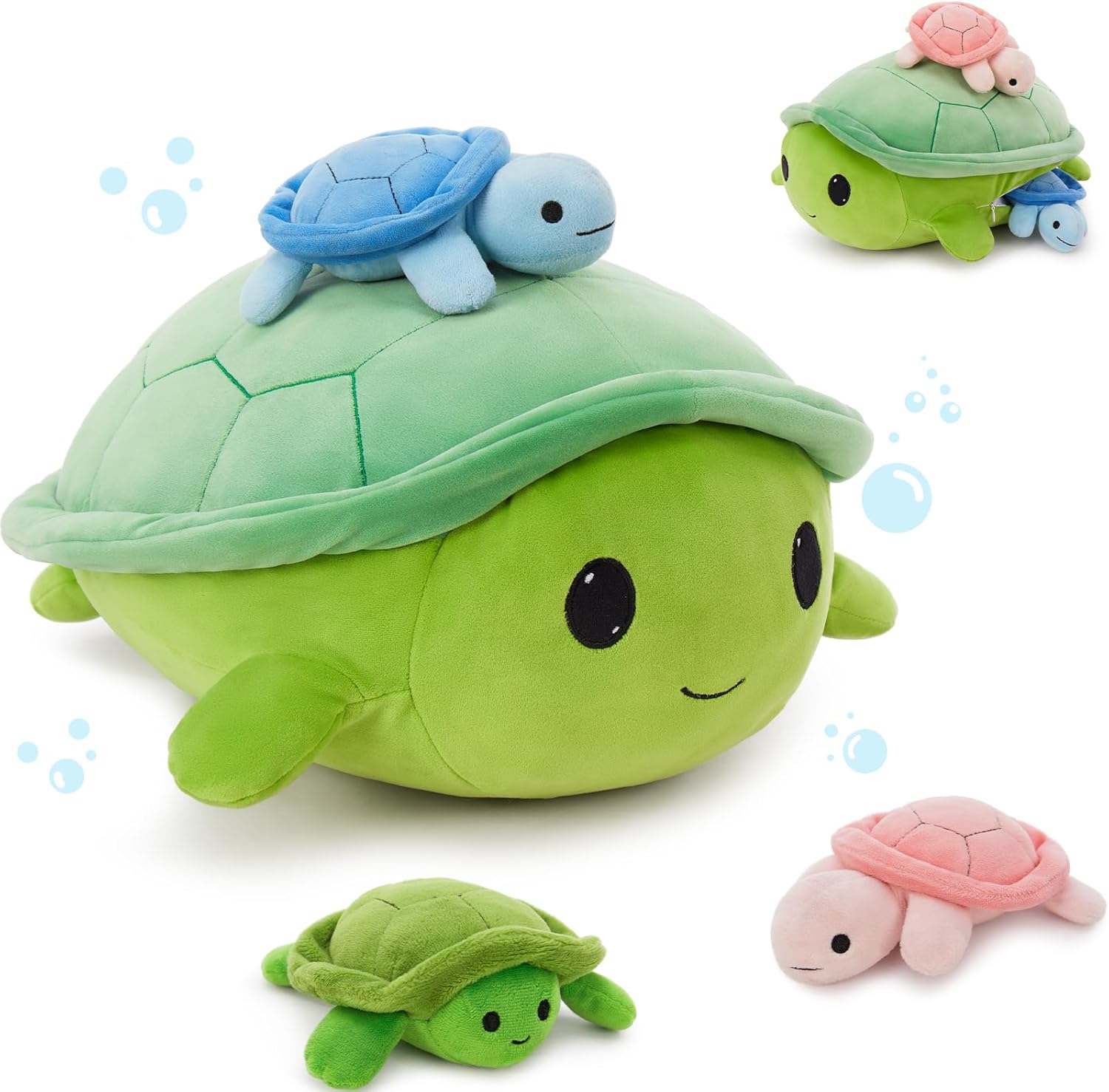 MorisMos 4Pcs Fat Turtle Stuffed Animals Plush Toy, 15.7" Mommy Stuffed Turtle with 3 Babies, Soft Turtle Plush Family Set for Imaginative Play & Bedtime Snuggles, Birthday Gift for Kids Boys Girls