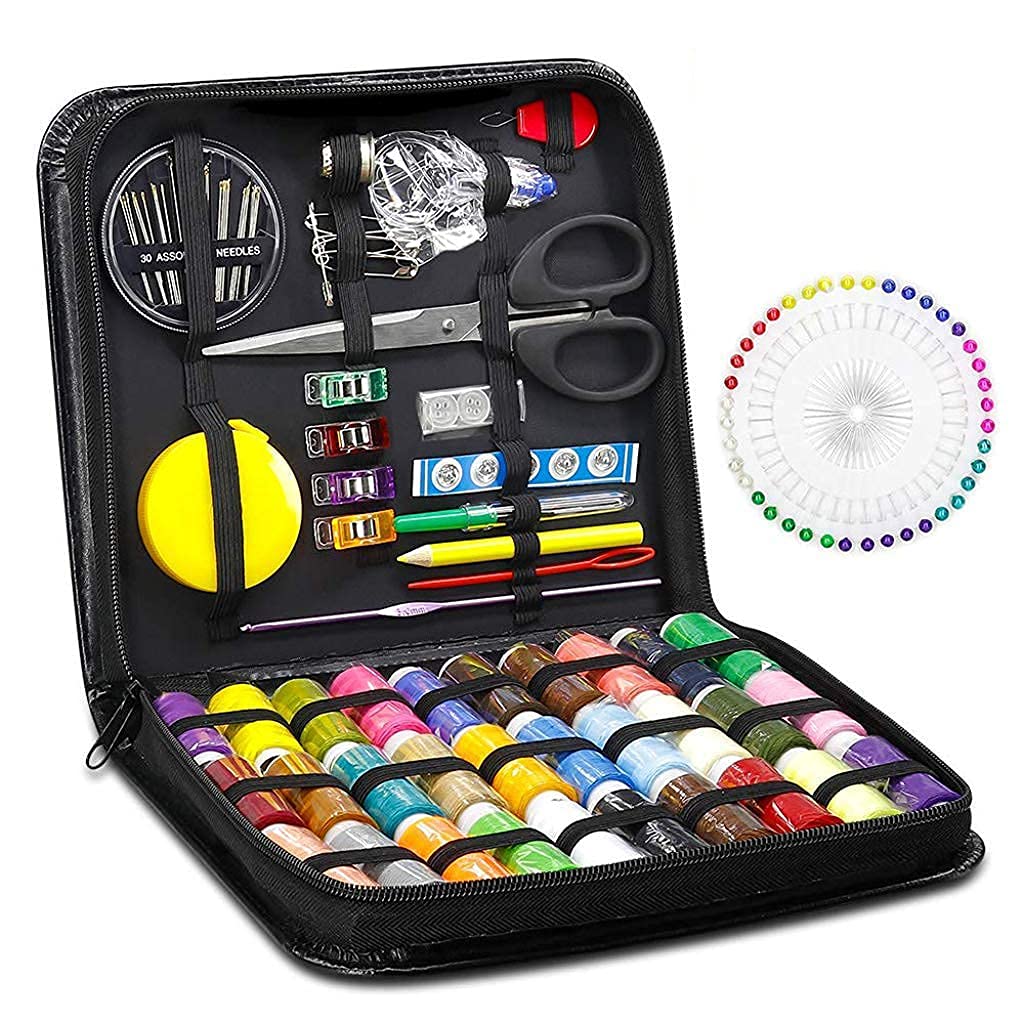 Kit de costura de 126 piezas, kit de aguja e hilo, 30 bobinas grandes de hilo de algodón, funda de poliuretano para mujer, adecuado para viajes en casa y uso de emergencia