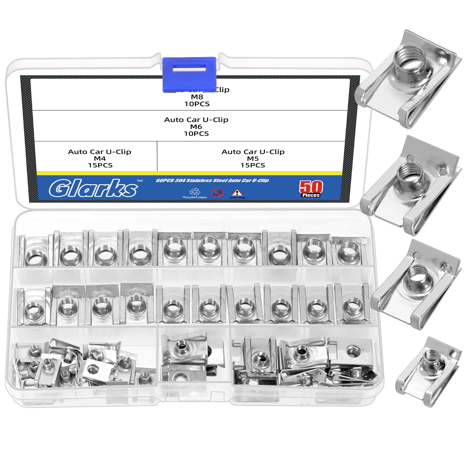 Glarks 50pcs M4 M5 M6 M8 U-Style Clip-On Nuts Set, 304 Stainless Steel Thread Clip Nut, U Nuts Clamp Set, U-Shaped Nut, Automotive U-Clips for Engine, Fender, Bumper, Dash, Interior Trim Panels