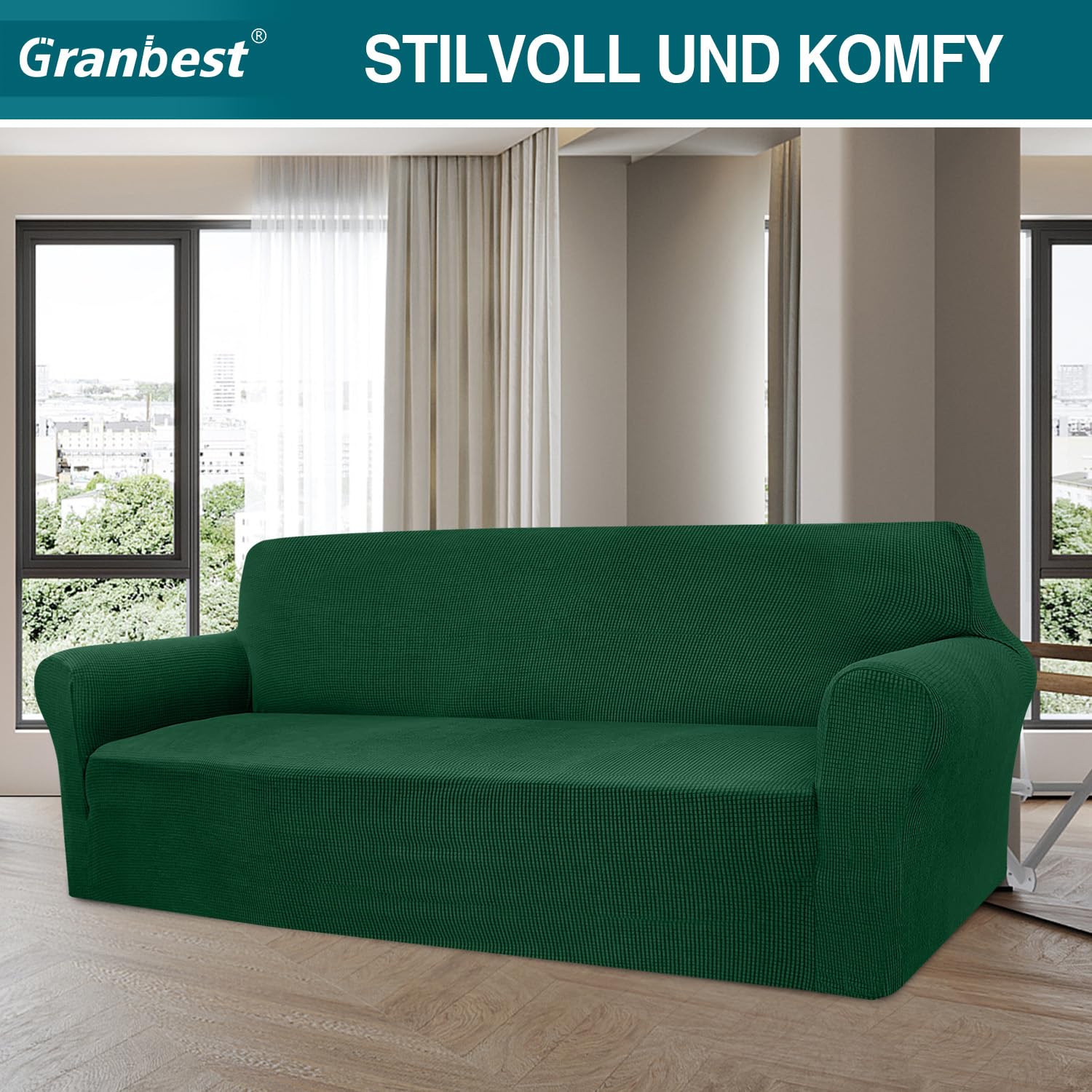 Granbest - Copridivano altamente elasticizzato, moderno, jacquard, per soggiorno, protezione per cani e animali domestici, 4 posti, verde scuro
