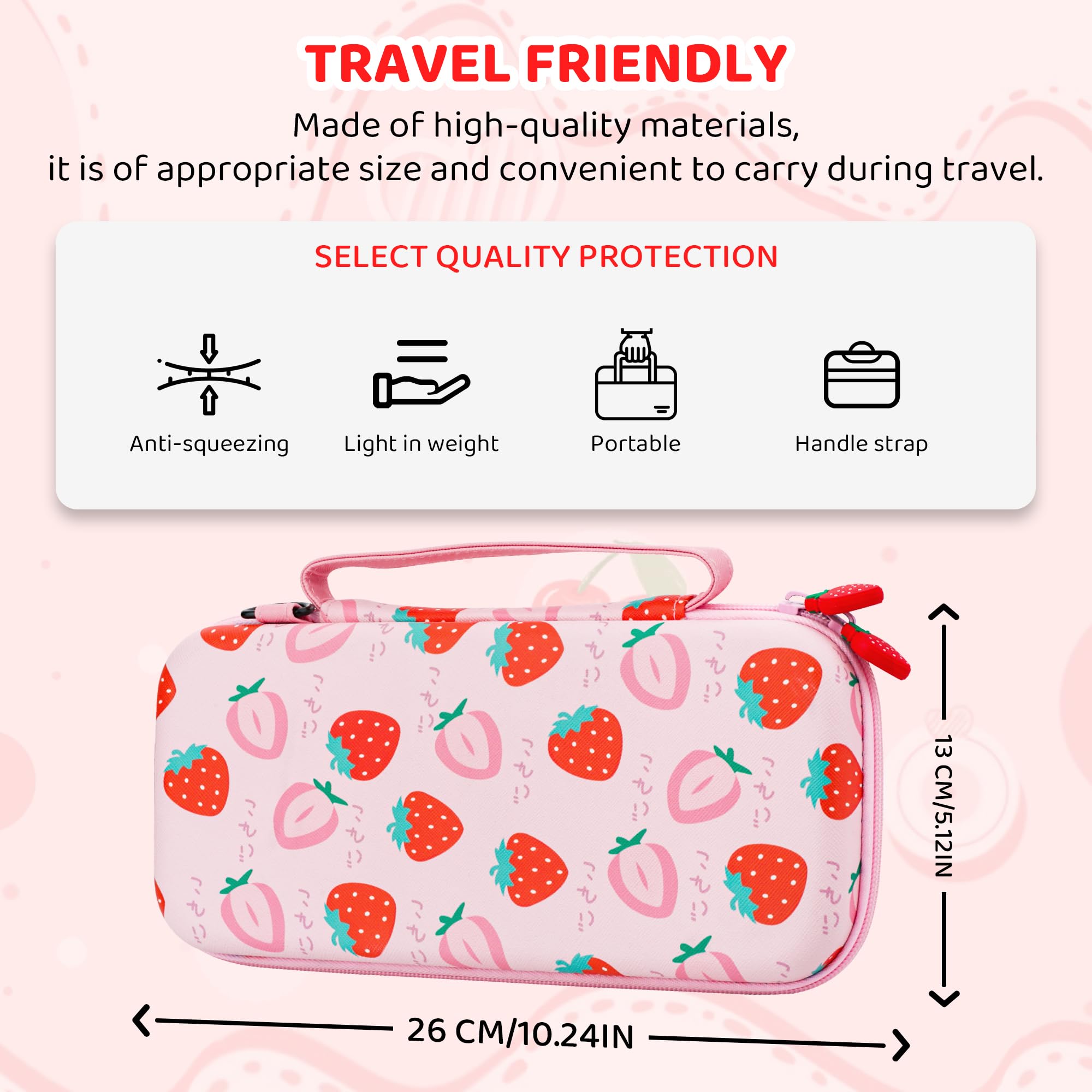 FUNDIARY Custodia da trasporto rosa per Switch 2 con design fragola, kit di accessori antiurto con custodia da viaggio sottile portatile, custodia agganciabile, pellicola proteggi schermo, tracolla e