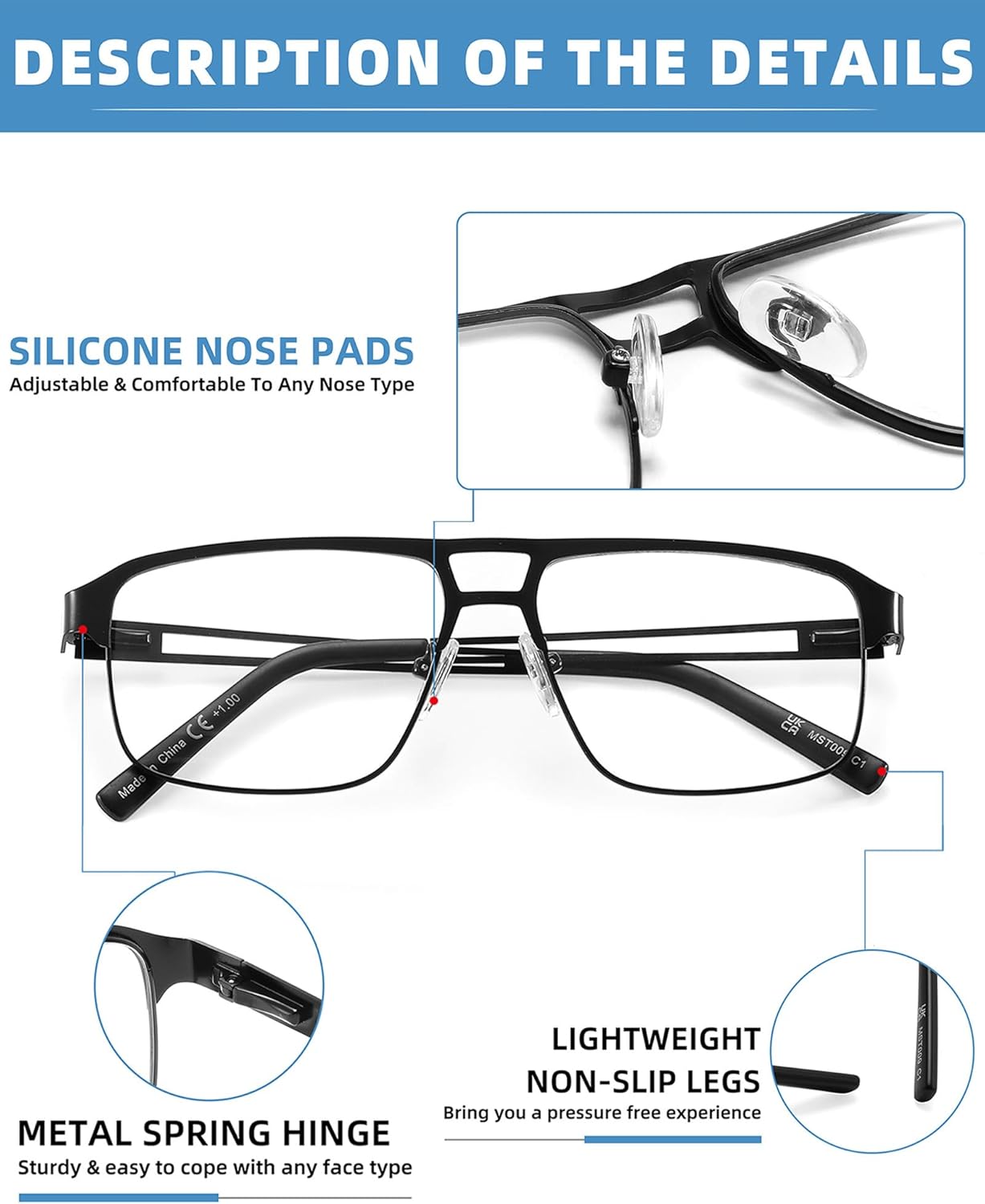 Blue Light Blocking Aviator Reading Glasses Men Lightweight Metal Readers Anti Blue Ray Cheaters w/Spring Hinge 3 Pack - Image 4