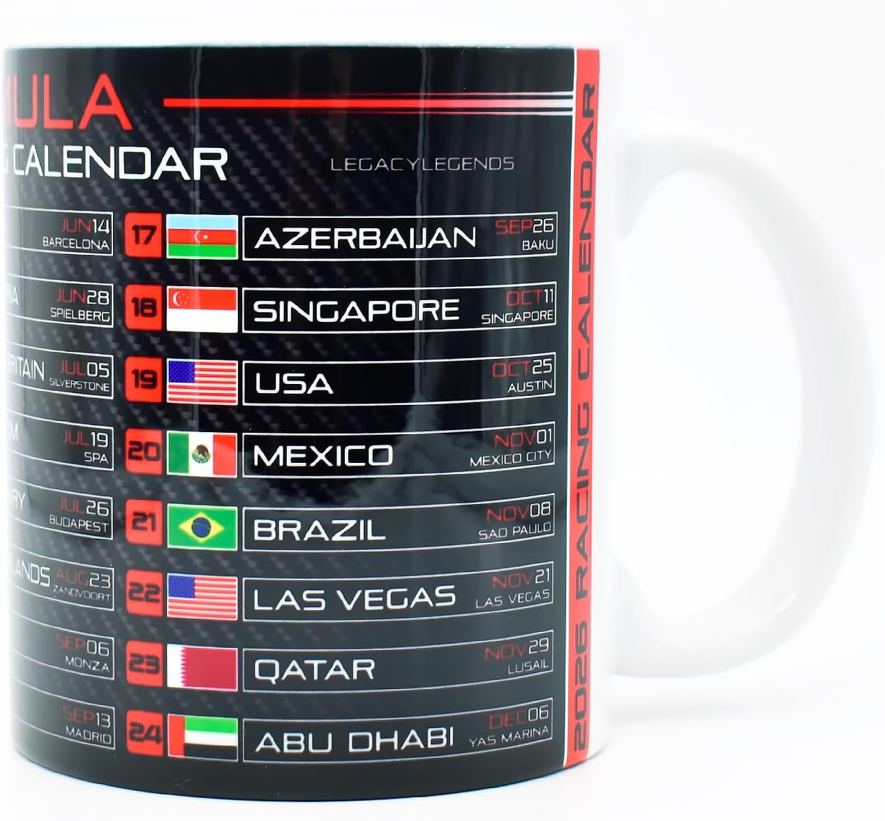 Formula Racing 2026 Calendar Mug - Red Edition - Carbon Fiber - Motorsport Fan Gifts - Race Schedule Coffee Cup - Hamilton - Norris - GP Dates, Countries & Circuits - Season Memorabilia