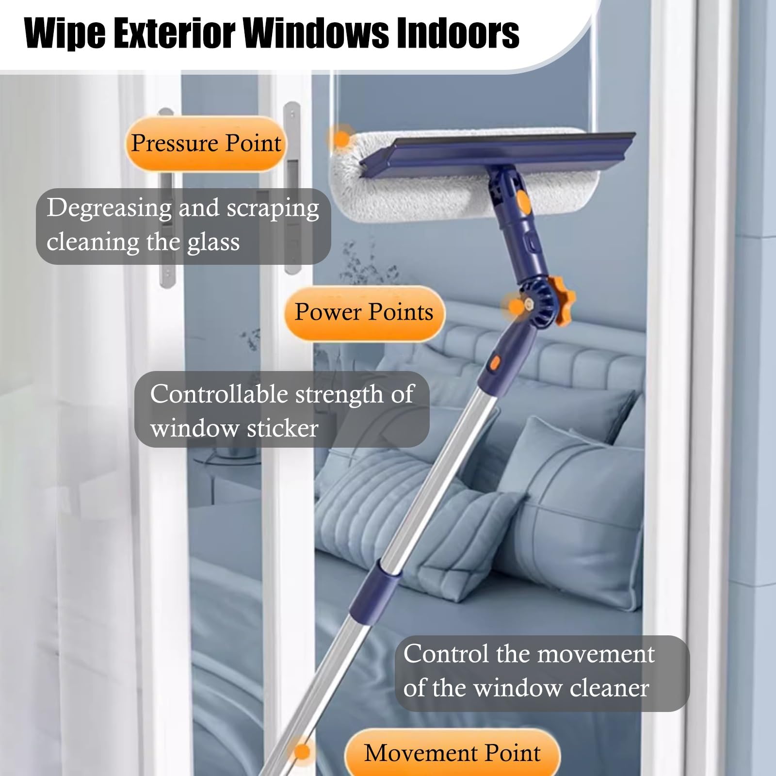 Limpiacristales Limpiador de Ventana Limpieza 47 "y 59" Escobilla De Limpieza De Ventanas Para El Hogar, Kit Limpieza Cristales Doble Cara Para Desempolvar Mesa Ático, Pértiga Pivotante 360° Limpiar V