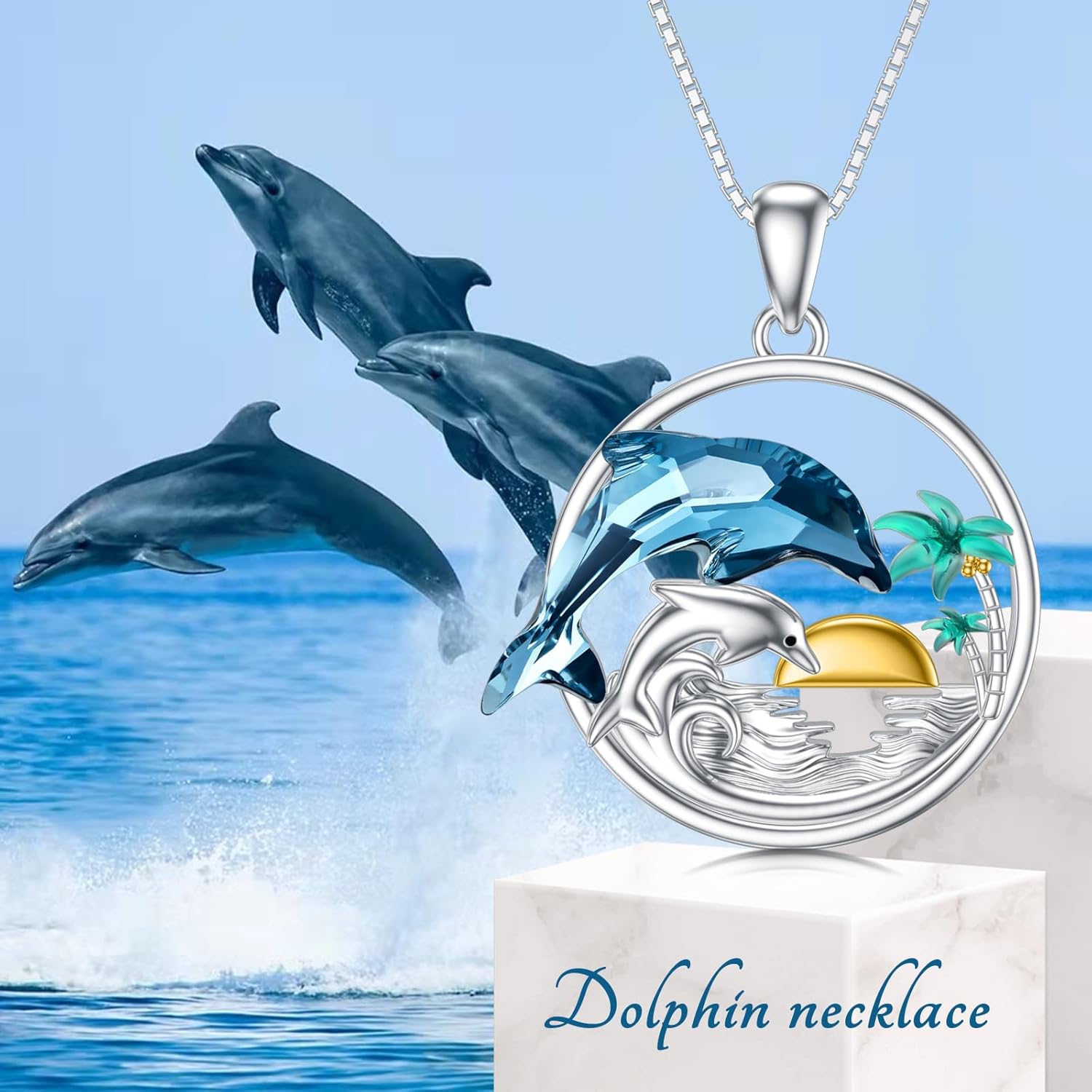 Dorunmo Dolphin Gifts for Women 925 Sterling Silver Dolphin Palm Tree Necklace Pendant with Blue Crystal Hawaiian Beach Themes Ocean Wave Sunset Jewelry Gifts for Women Mom - Image 6