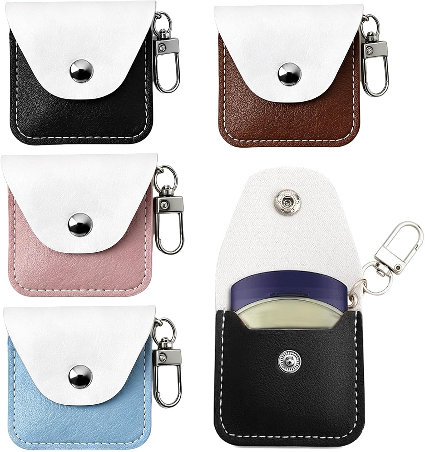 4 PCS Keychain Holder Compatible with Vaseline Lip Therapy 0.25 OZ Leather Ring Holder Keychain Portable Jewelry Pouch Cute Snap Coin Wallet Travel Bag Charms Accessories for Women and Men （4 Color）