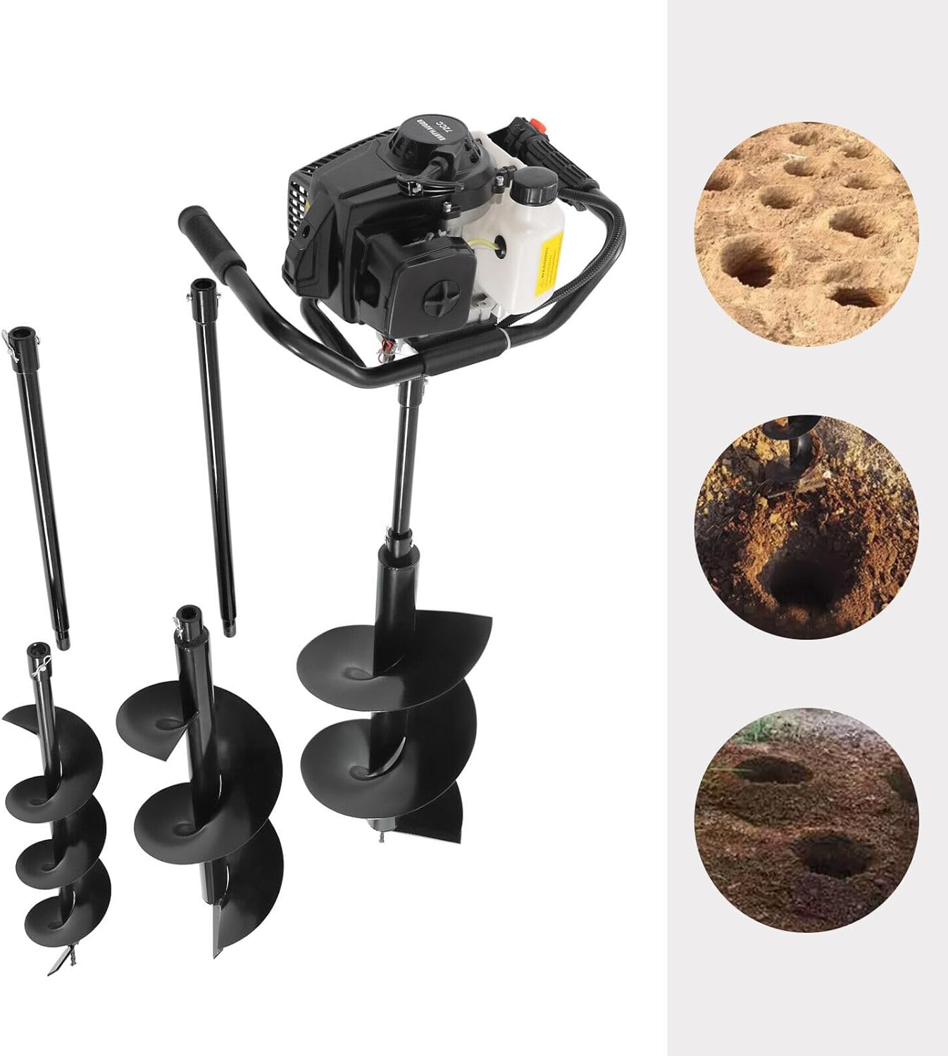 72CC 2-Stroke 4HP Gas Powered Post Hole Digger with 6'' 10'' 12"Drill Bits, Gas Auger Post Hole Digger Earth Auger Bore Gasoline Digging Machine for Fence Ground Drill Garden, Black