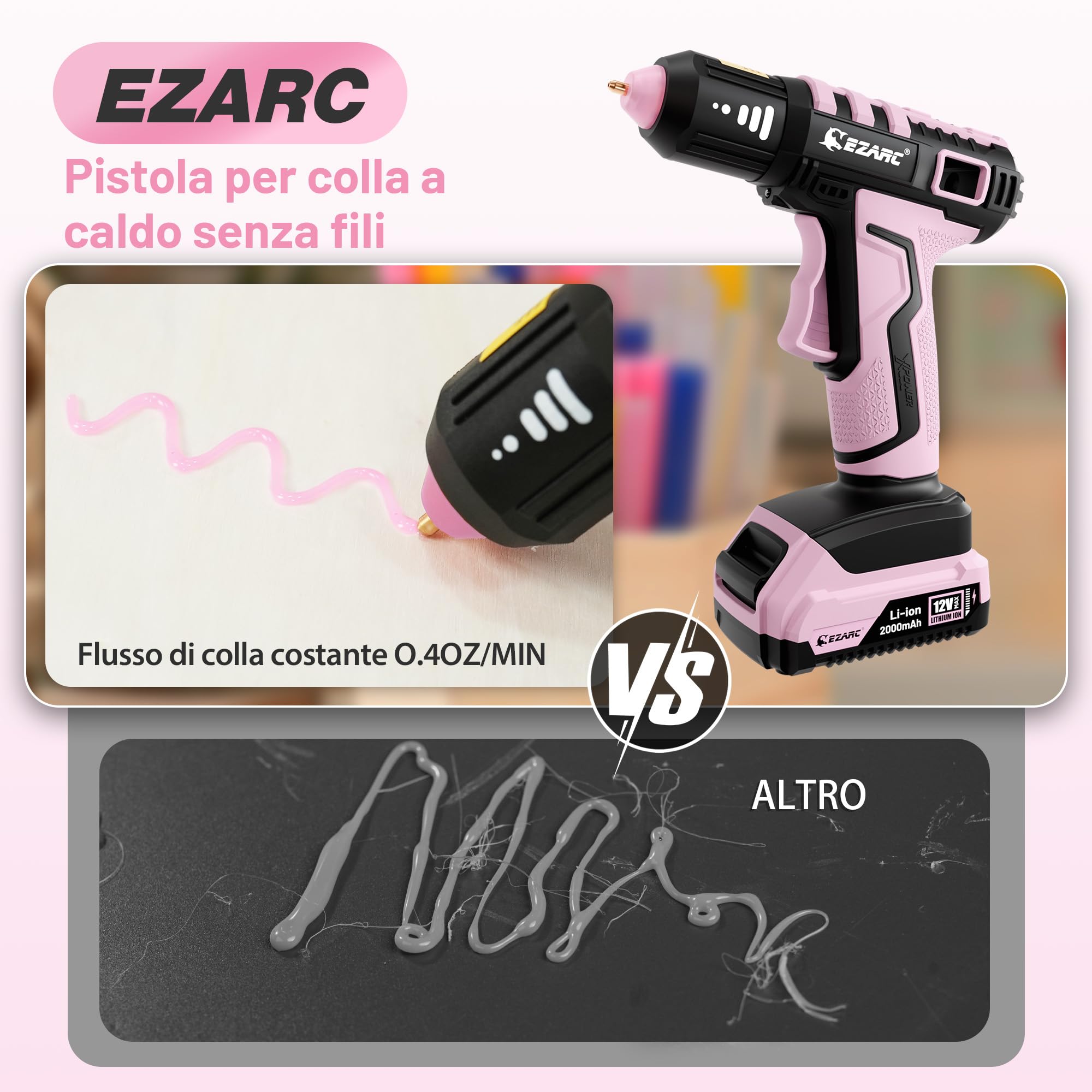 EZARC Pistola per Colla a Caldo Senza Fili, Riscaldamento Rapido in 15s, 12V Pistola a Colla Mini per DIY, Riparazioni Domestiche, Progetti Scolastici, Decorazioni, con 50 Bastoncini di Colla, Rosa