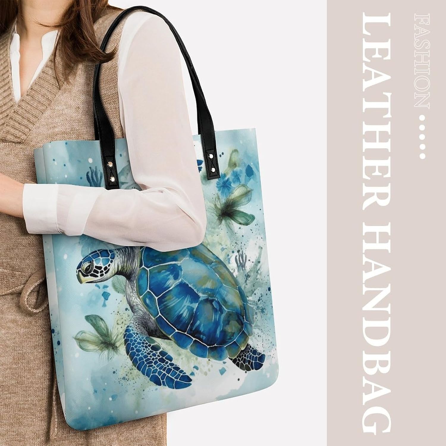 Sea Turtle-Blue Tote Bag with Magnetic Buckle Reusable Grocery Bags Lightweight Cross Body Handbag for Daily Essentials