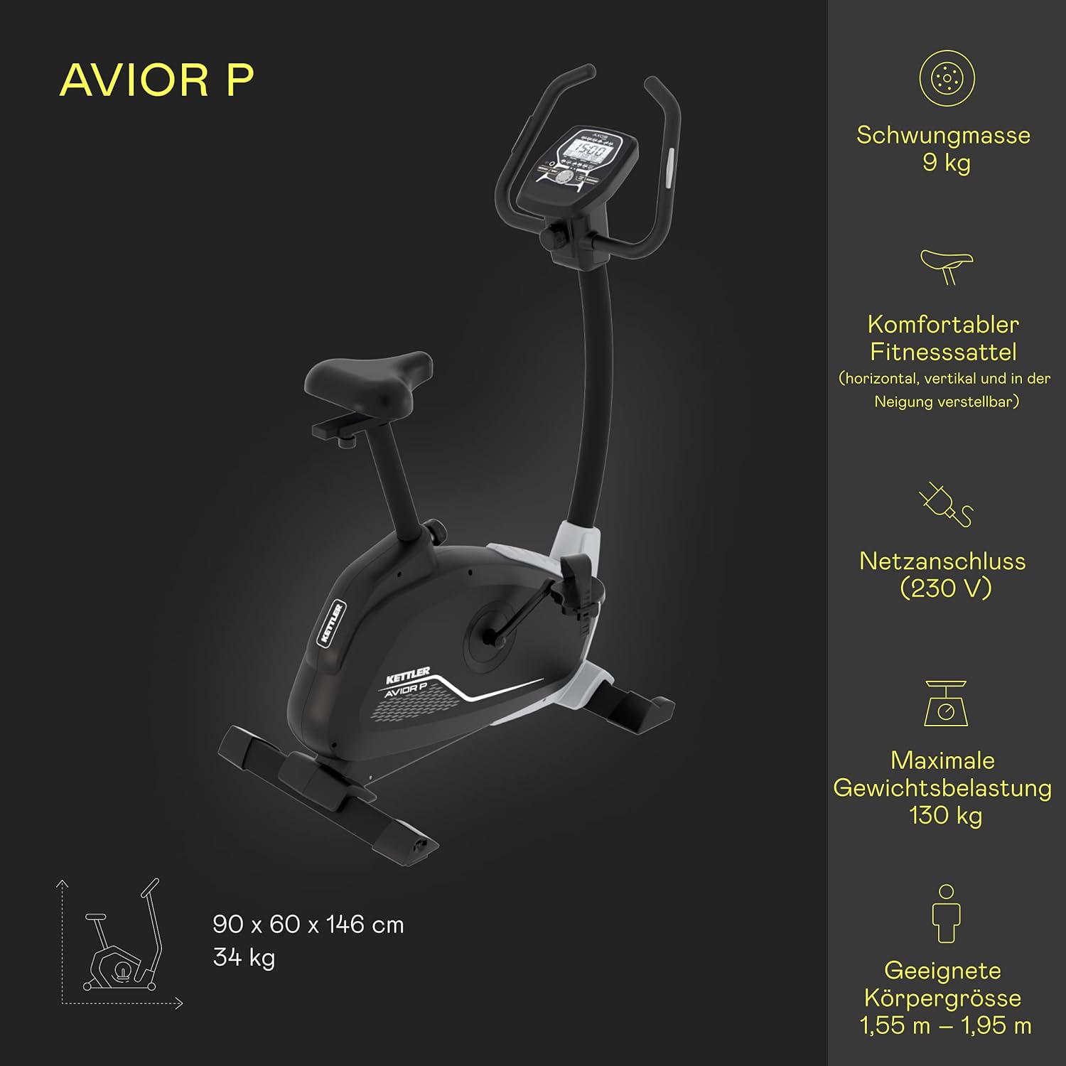 Kettler Avior P Exercise Bike with key features and dimensions listed: 9 kg flywheel, comfortable fitness saddle, 230V power connection, 130 kg max load, suitable for 1.55m-1.95m height, dimensions 90x60x146 cm, 34 kg weight.