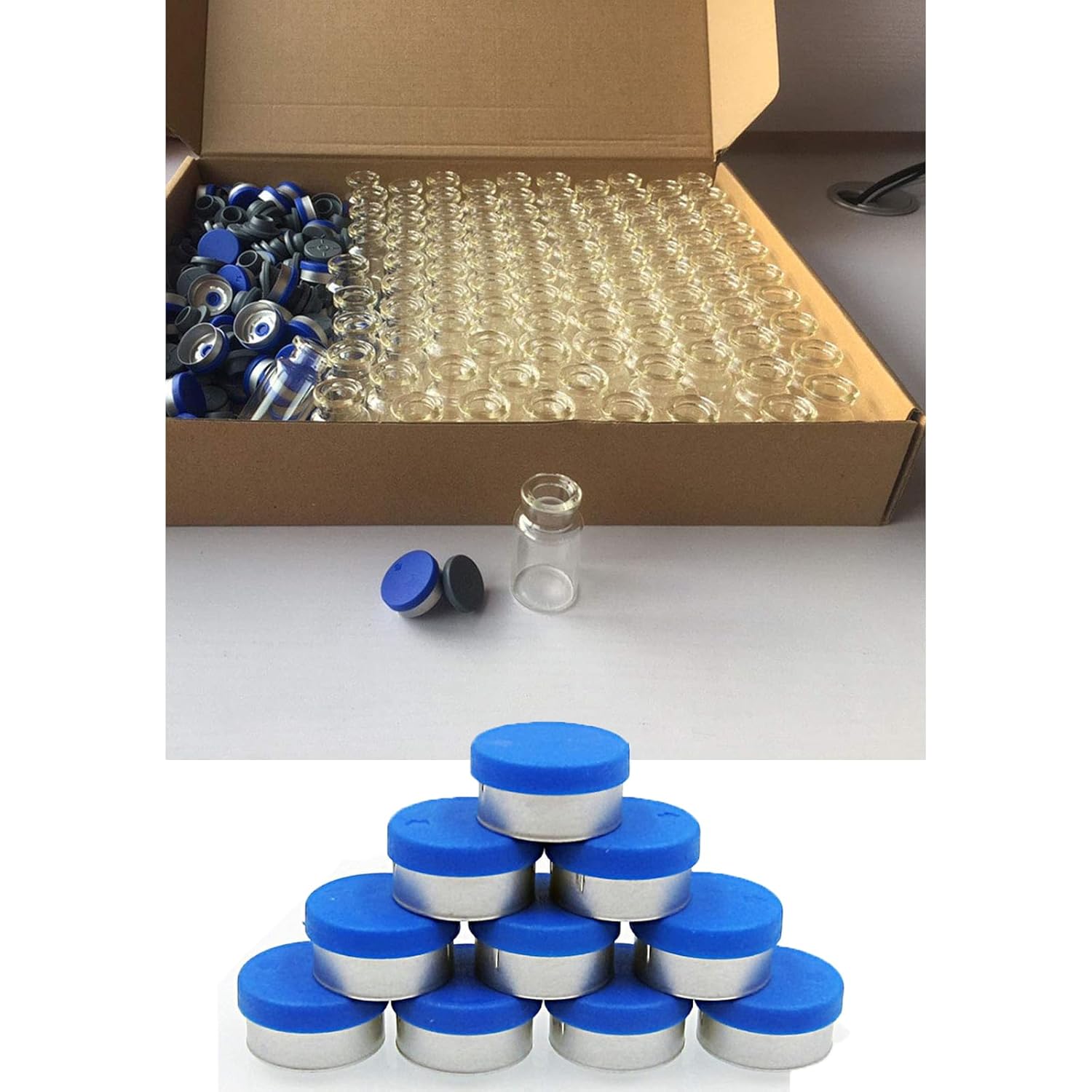 LabZhang 100pcs 10ml glass bottle with transparent bottom headspace sample bottle, with plastic aluminum flip cap and rubber stopper, transparent glass headspace sample bottle, 10ml capacity (transpar