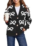 Womens Open Front Knit Cardigan Sweaters Button Down Bow Printed Outwear Coat with Pockets