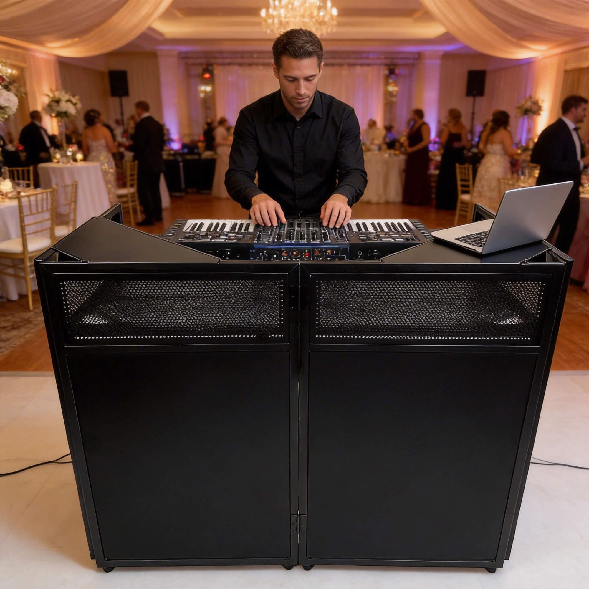 Mesa portátil de DJ con ruedas, cabina de fachada plegable de 45 pulgadas con paneles de esquina dobles y mesa de malla, soporte móvil para controlador de DJ con malla y bolsa de transporte para bodas
