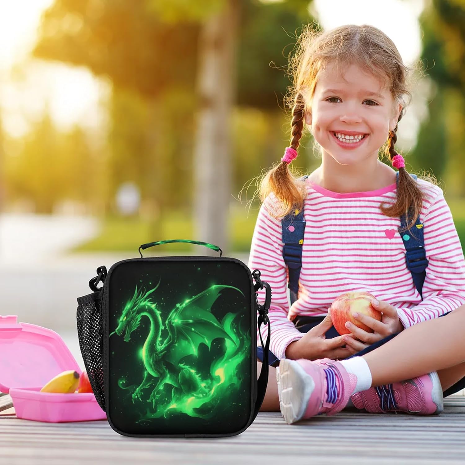 Green Dragon Lunchbox Boys Insulated Lunch Bag Reusable Portable Lunch box with Adjustable Shoulder Strap and Water Bottle Holder for Work School Travel - Image 7