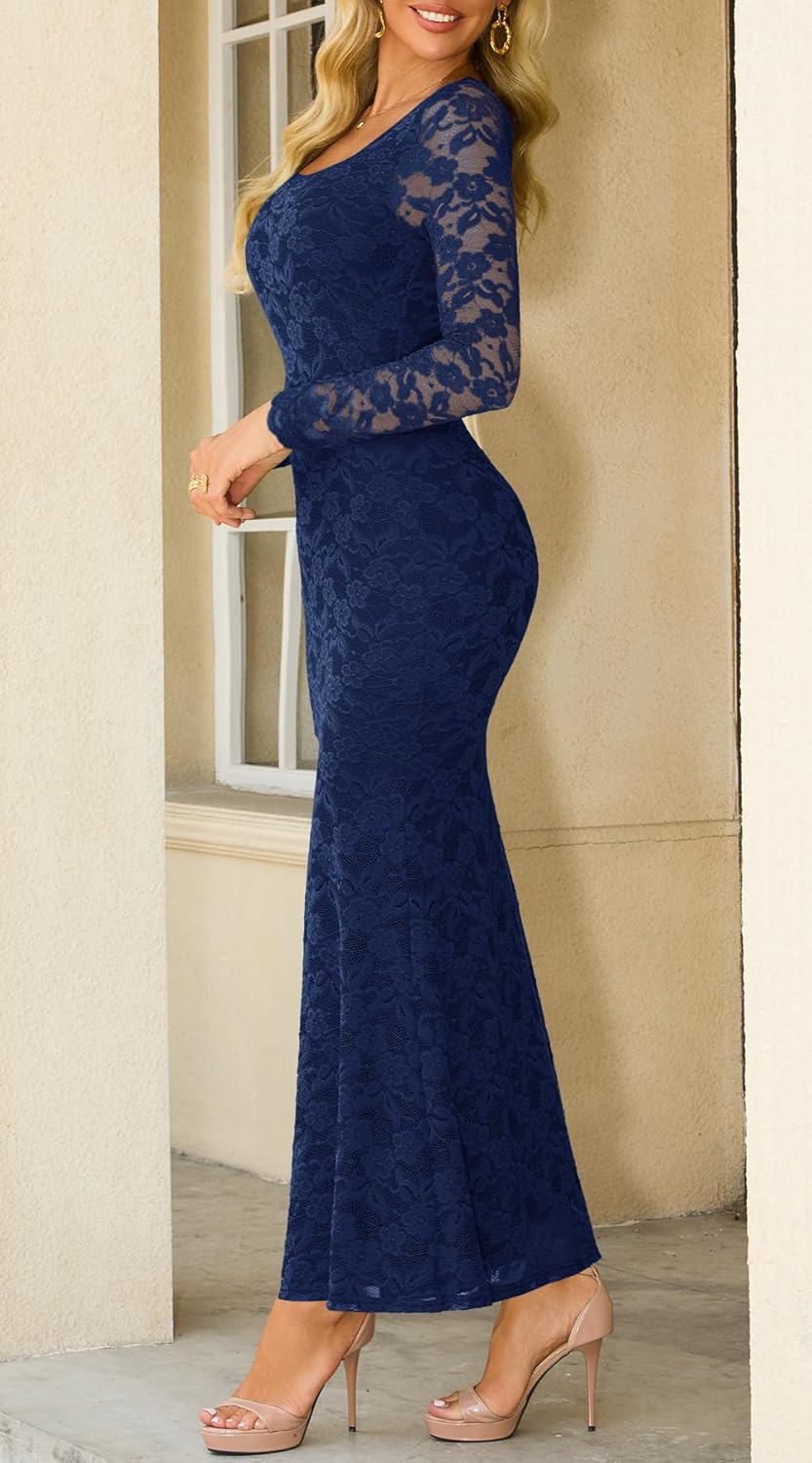MITILLY Women Bodycon Maxi Dress Elegant Square Neck Long Sleeve Floral Lace Sexy Wedding Guest Cocktail Long Dresses New - Image 3