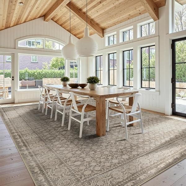 10x14 Washable Area Rug for Living Room, Extra Large Neutral Vintage Boho Rugs for Dining Room, Kids Room, Farmhouse, Durable Low Pile Non Slip Carpet for High Traffic Areas, Apricot by Rugxara - Used condition - Image 4