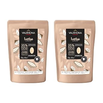 Valrhona Premium French Baking Creamy White Chocolate Discs Feves IVOIRE 35% Cacao. Easy Melt and Tempering. Hints of Vanilla & Warm Milk. For Sauces, Mousses, Frostings and Candies 250g Pack of 2