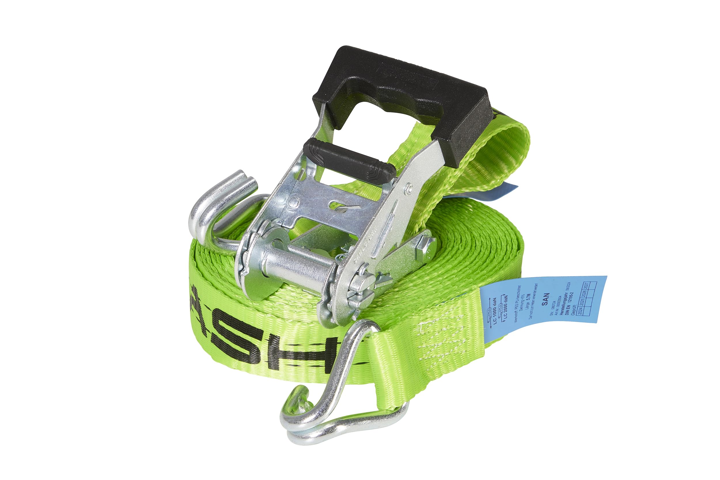 2er-Set ERGOLASH Spanngurte, 6 Meter (6m lang), 35mm breit, Zugkraft LC 1.000 daN, STF 200 daN, Zweiteilige Zurrgurte, Ratschenspanngurte mit Haken in Neon-Grün, gefertigt nach DIN EN 12195-2