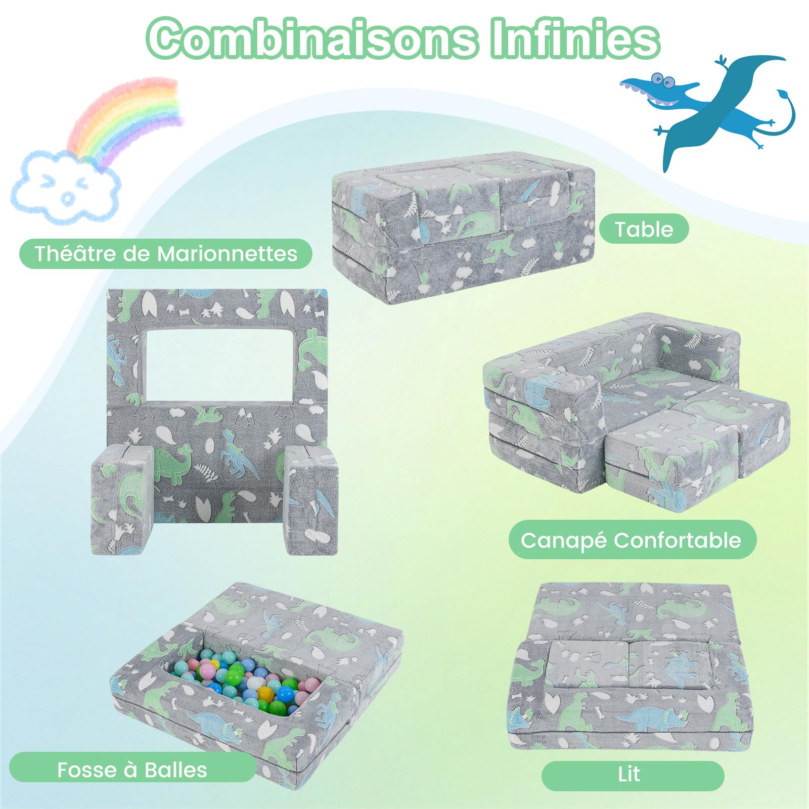 COSTWAY Canapé Enfant 2 Places Lumineux (Brillant dans Le Noir) avec Motif Dinosaure, Fauteuil Enfant Convertible en Tissu avec Housse Lavable, Canapé Modulaire Phosphorescent pour 3 Ans+
