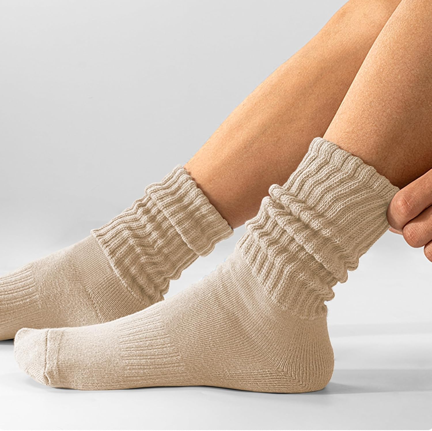 Women's Scrunch Crew Socks Retro 3-Pack Solid Cotton Boot Calf Chunky Ribbed Cozy Slouchy Socks Size 5-11 - Image 4