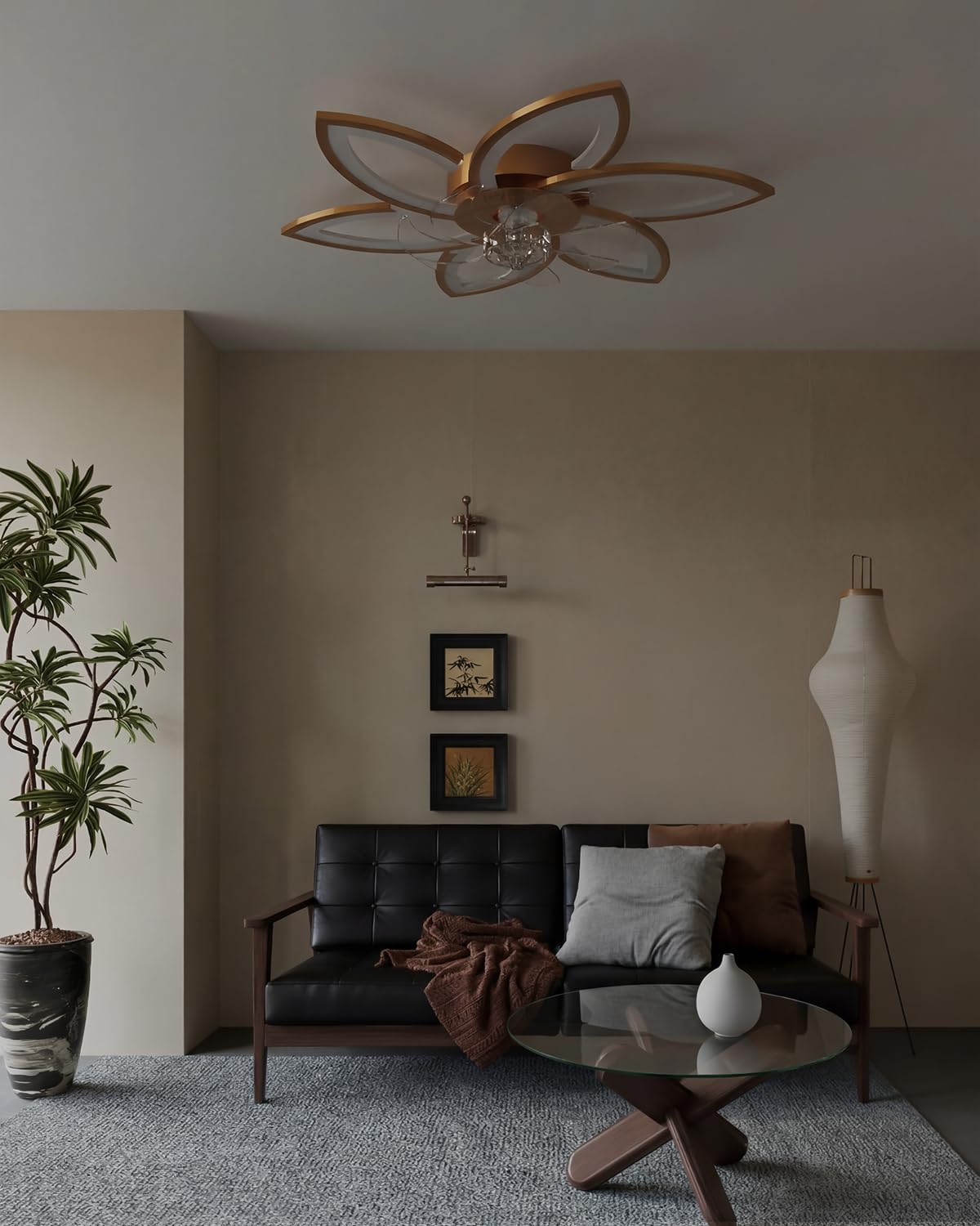 Inteligente Lampara de Techo con Ventilador y Mando a Distancia y Control por Alexa, No Requiere WiFi, Ventilador de Techo con Luz Silencioso, Diseño Floral Moderno, para Dormitorio, Salón, Dorado