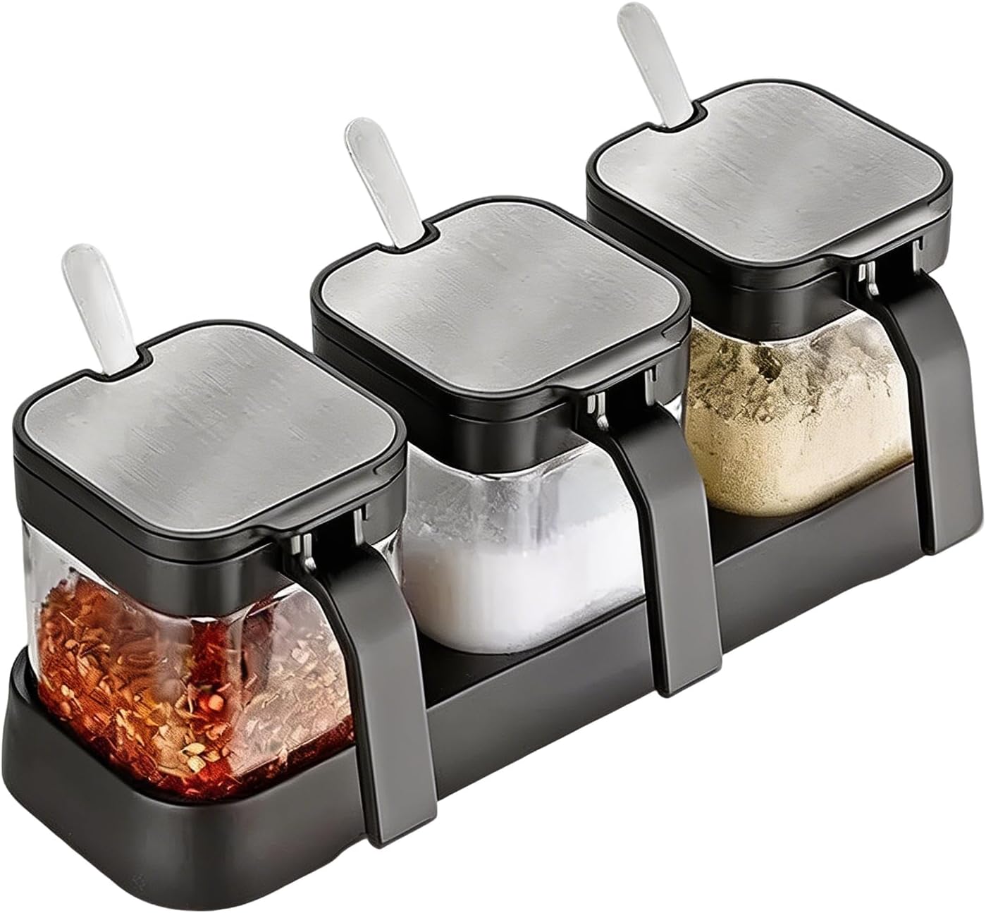 Set of 3 Condiment Jars – 10.14oz Glass Spice Containers with 304 Stainless Steel Lids & Spoons – Clear Seasoning Canisters for Salt, Sugar & Food Storage – Kitchen Counter Organizer (Black)