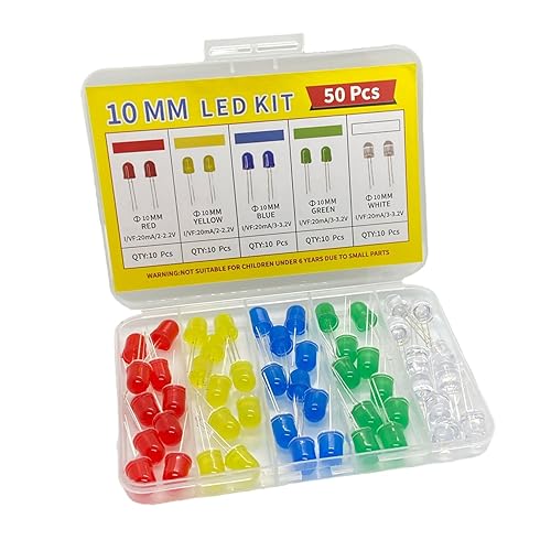ProCircFix 50Pcs 10mm LED Diode Kit, Red Yellow Blue Green White 10Pcs Each, High Brightness Diffused F10 LED for Arduino and Low Voltage Circuits
